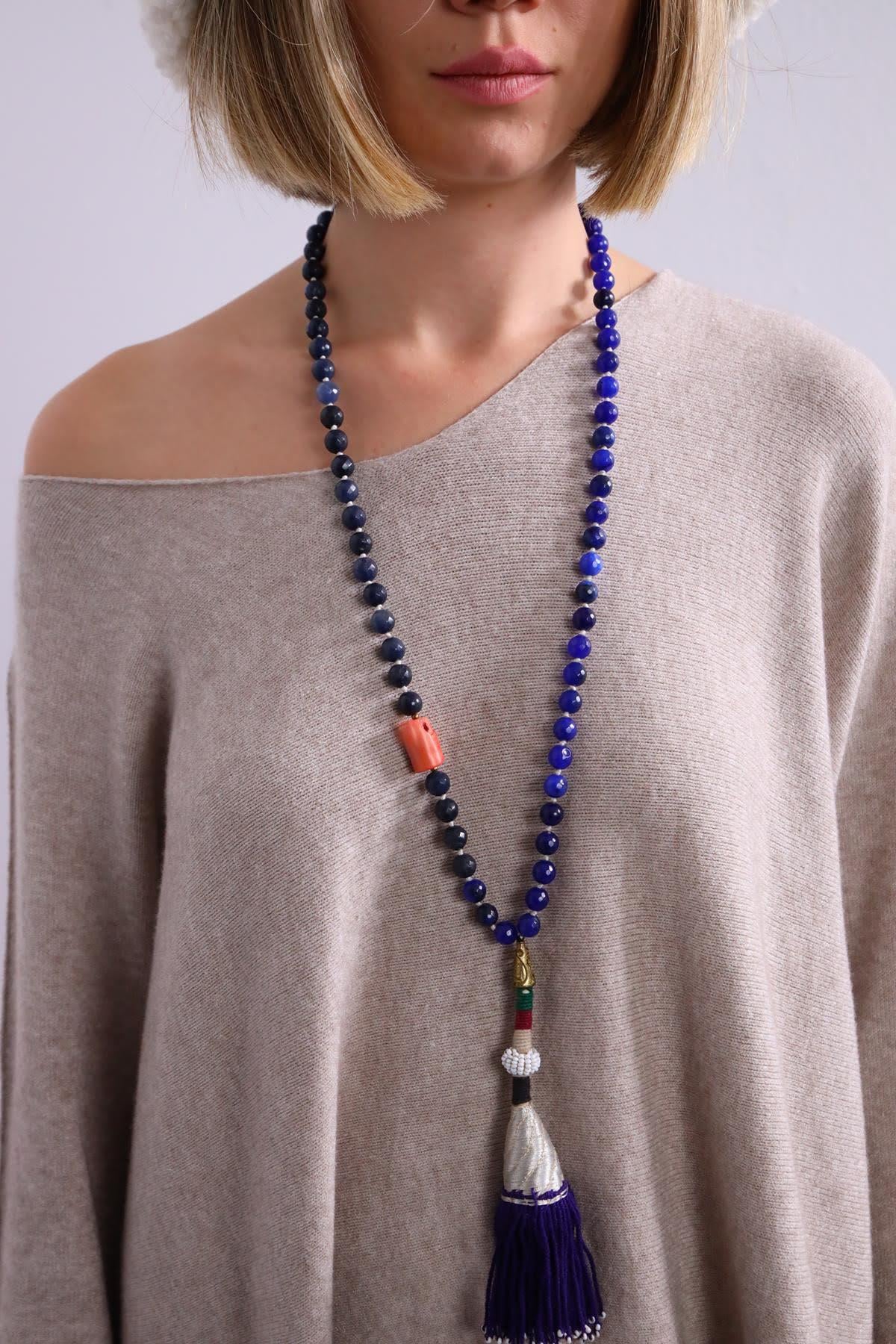 Lapis Lazuli Taşlı Püsküllü Kolye - Şaman Butik Lapis Lazuli Taşlı Püsküllü Kolye