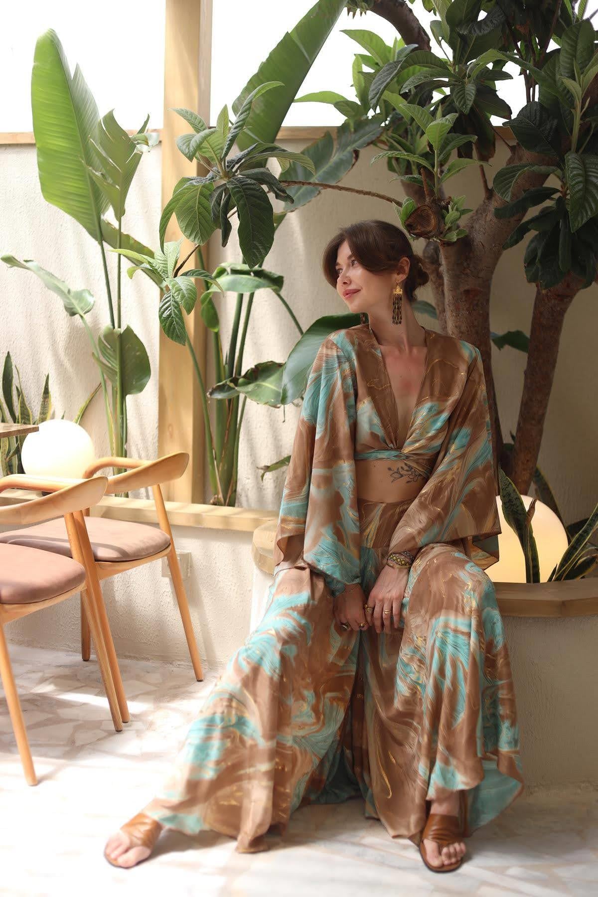 Sütlü Kahve Desenli İpek Pantolon Etek