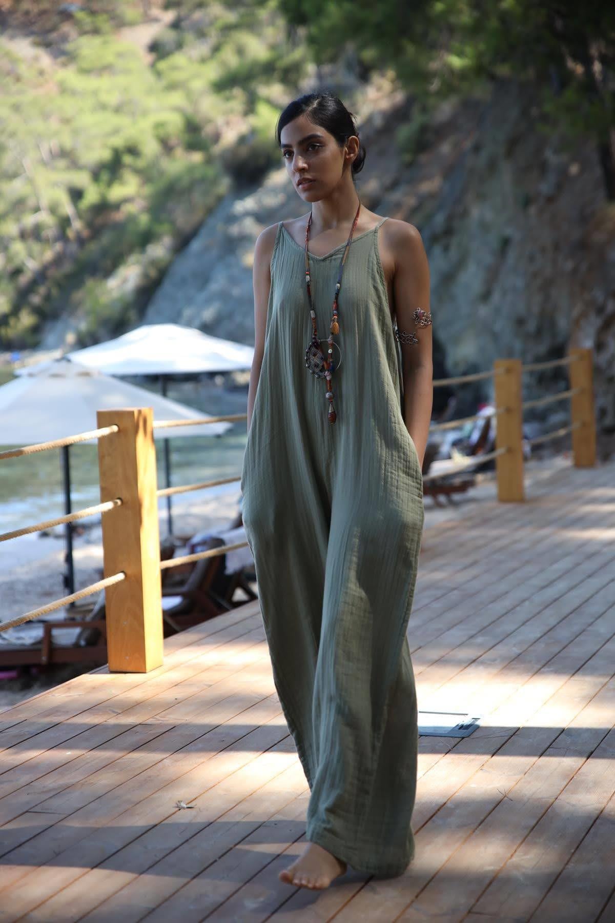  Haki Askılı Salaş Müslin Tulum