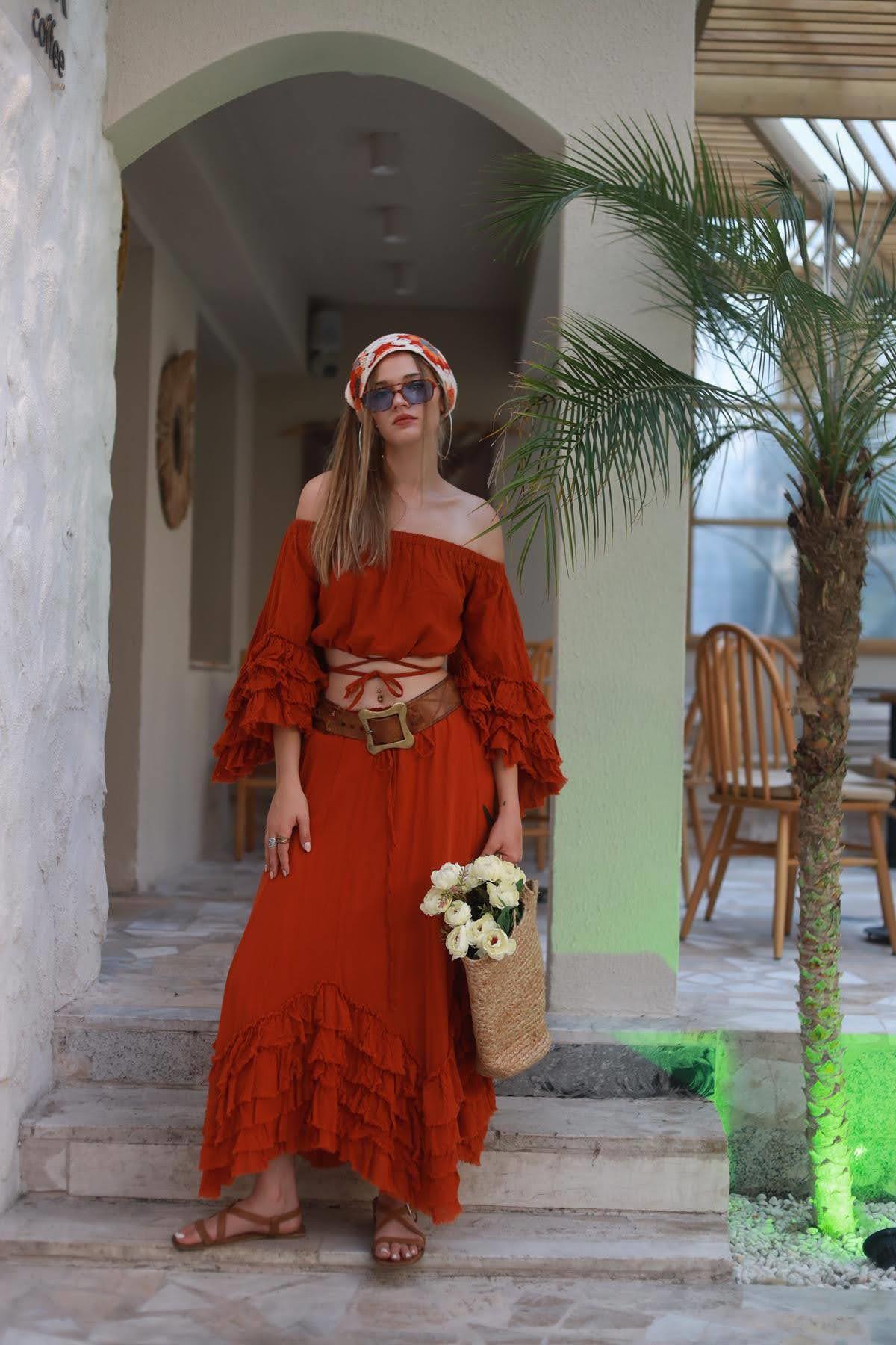 Kiremit Rengi Asimetrik Volanlı Bohem Etek