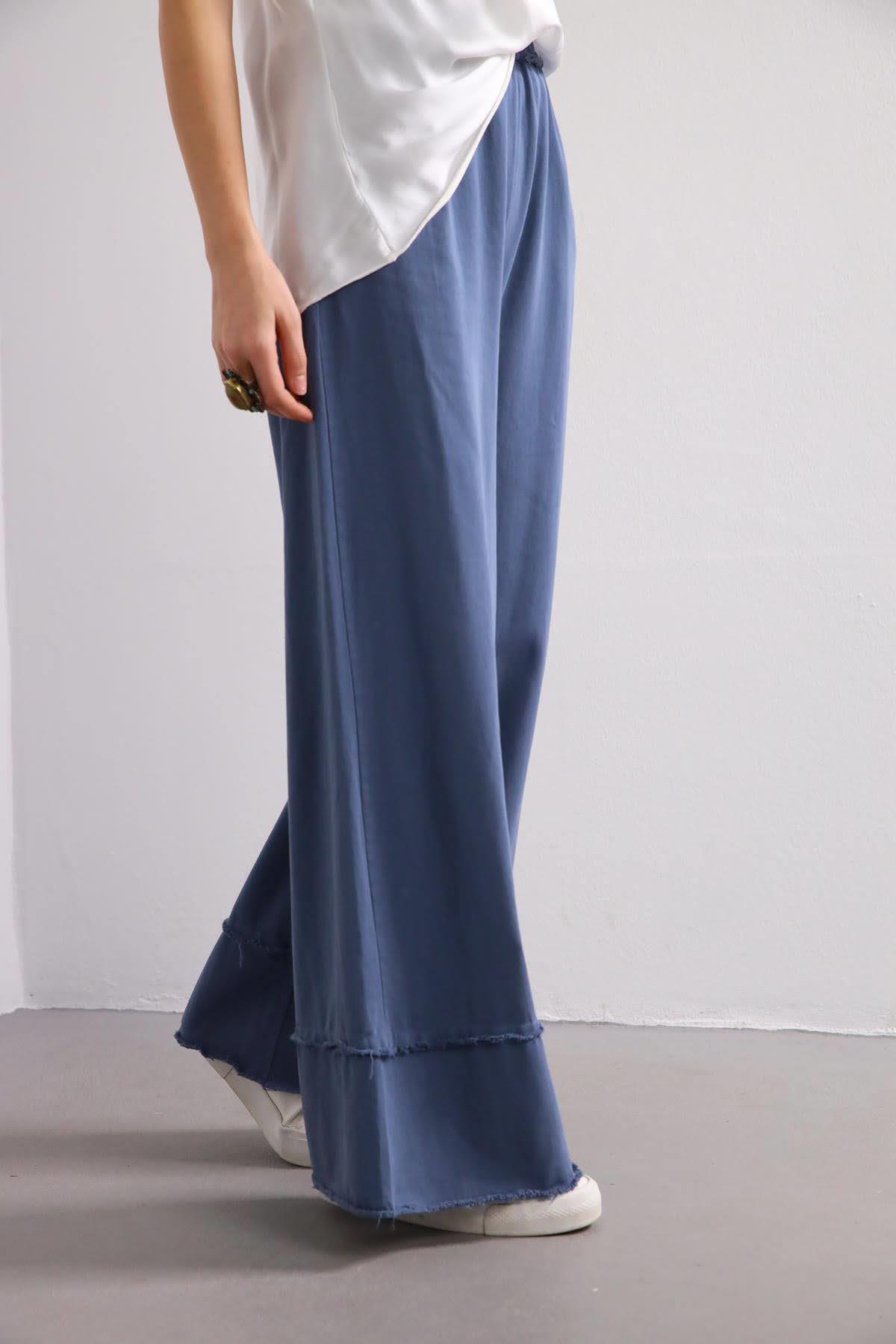 İndigo Mavi Paçası Detaylı Püsküllü Pantolon - Şaman Butik İndigo Mavi Paçası Detaylı Püsküllü Pantolon