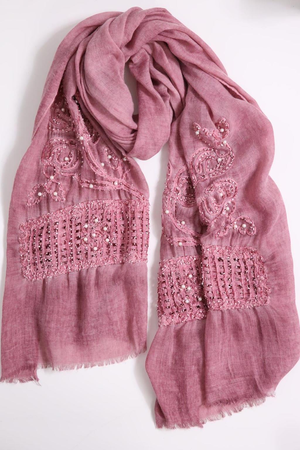 Gül Kurusu File Detay İnci İşlemeli Şal - Şaman Butik Gül Kurusu File Detay İnci İşlemeli Şal