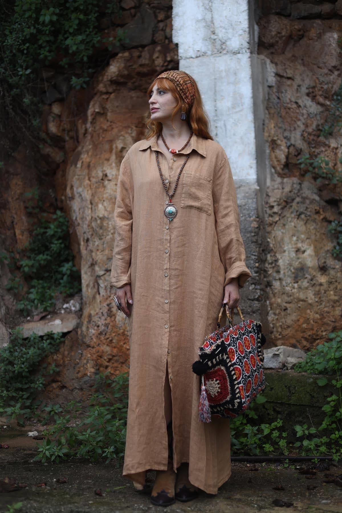 Camel Rengi Tek Cepli Keten Gömlek Elbise