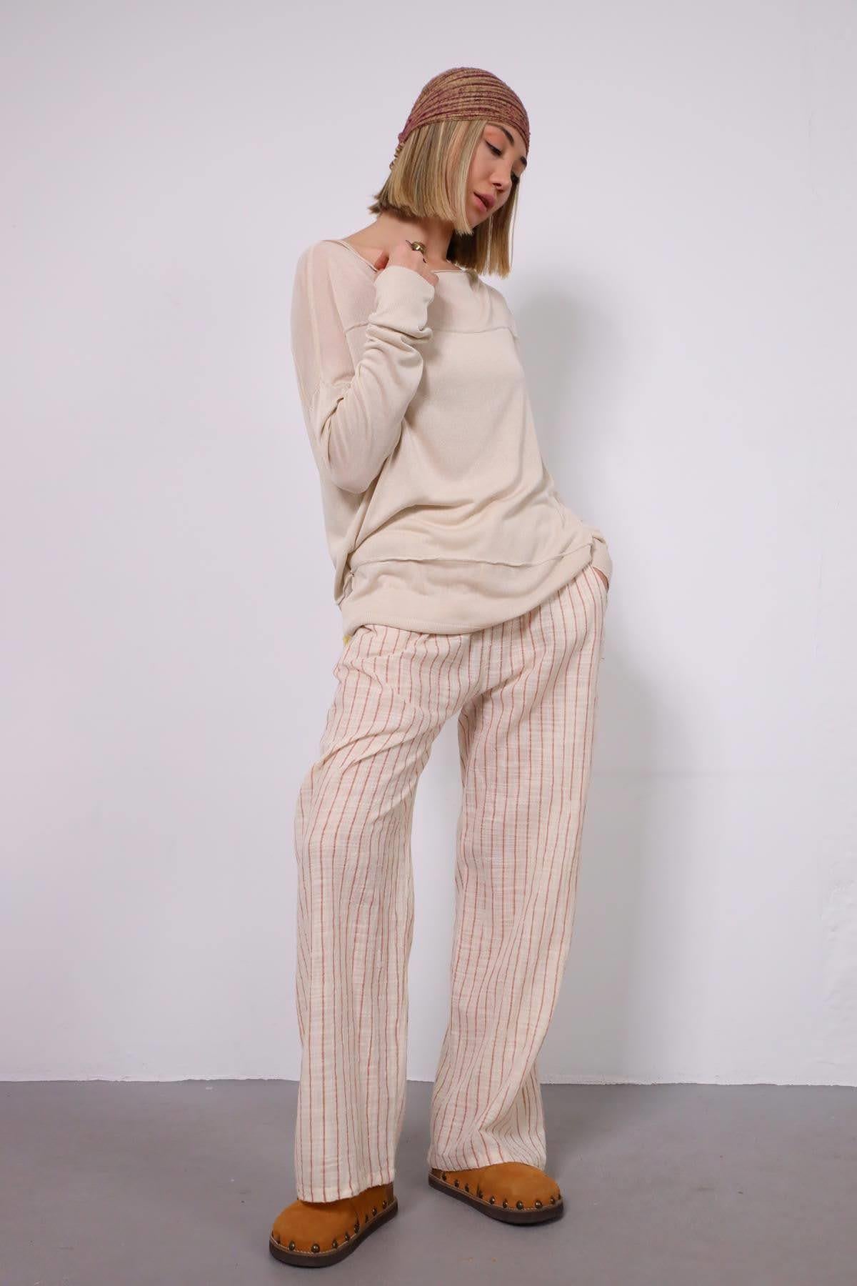 Kiremit Rengi Beli Lastikli Çizgili Pantolon - Şaman Butik Kiremit Rengi Beli Lastikli Çizgili Pantolon