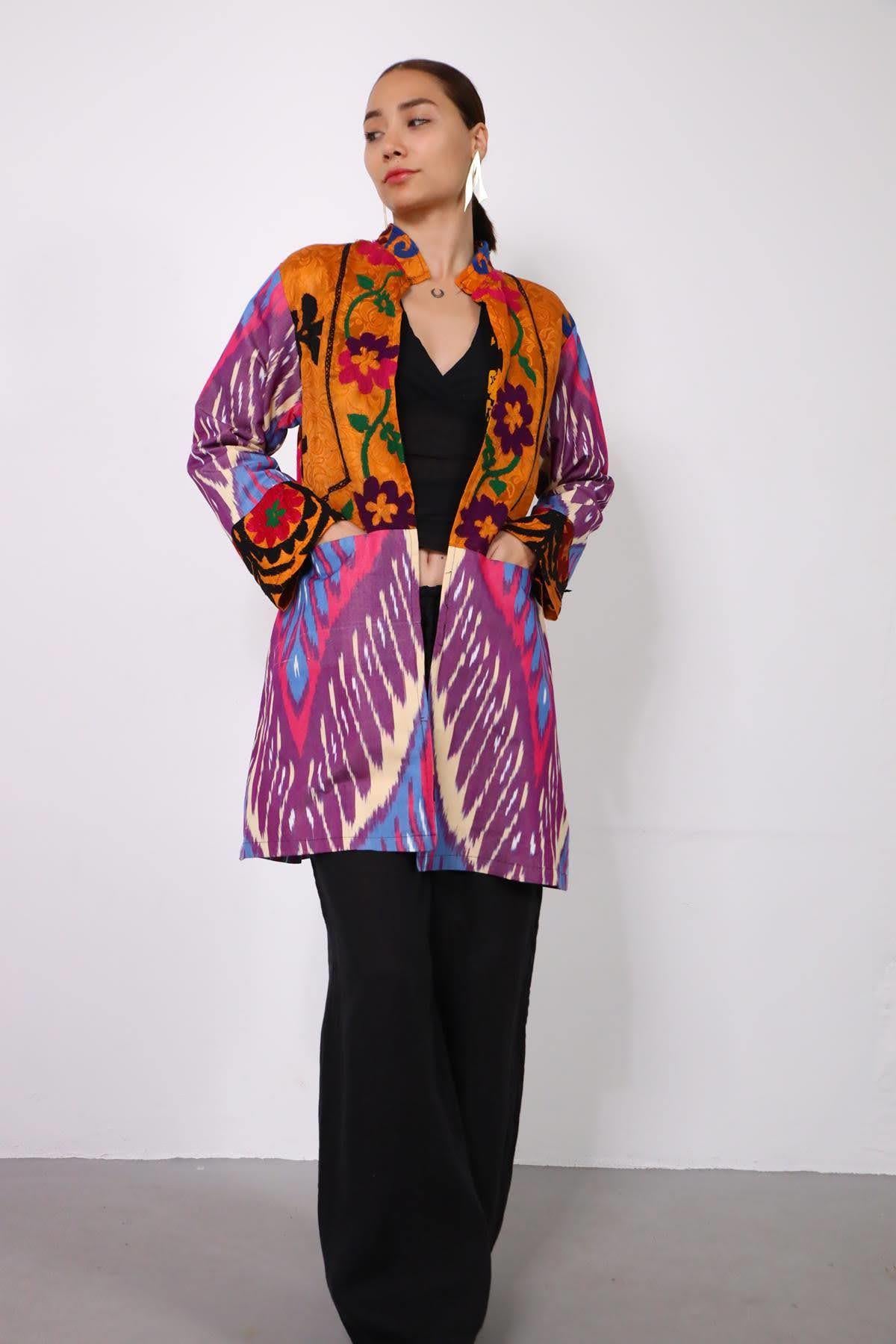 Mor Suzani Kısa Kaftan - Şaman Butik Mor Suzani Kısa Kaftan