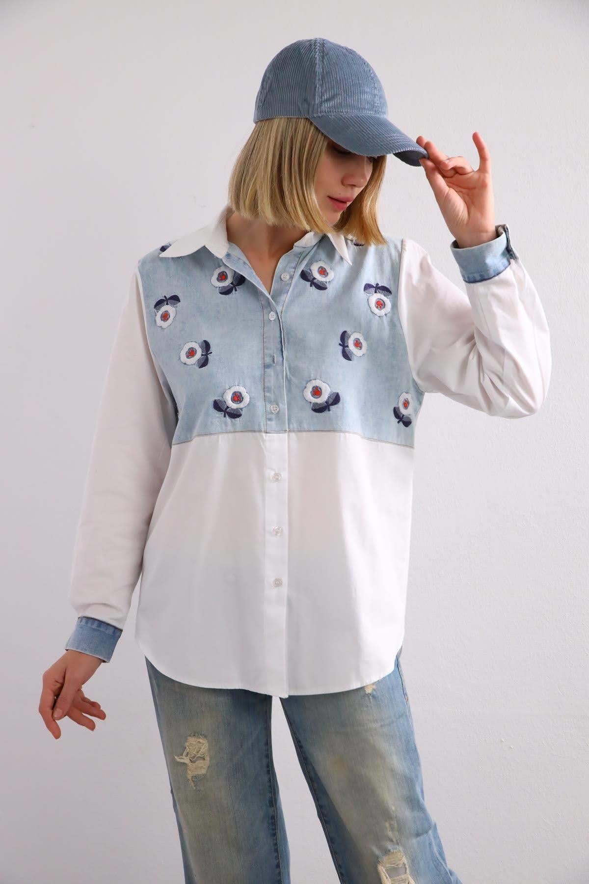 Beyaz Kot Detaylı Çiçek İşlemeli Gömlek - Şaman Butik Beyaz Kot Detaylı Çiçek İşlemeli Gömlek