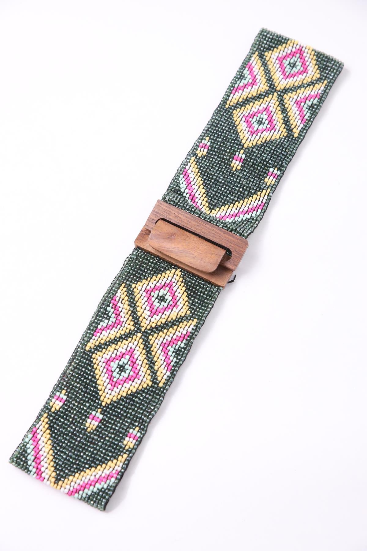 Khaki Wooden Buckle Detailed Beaded Elastic Belt