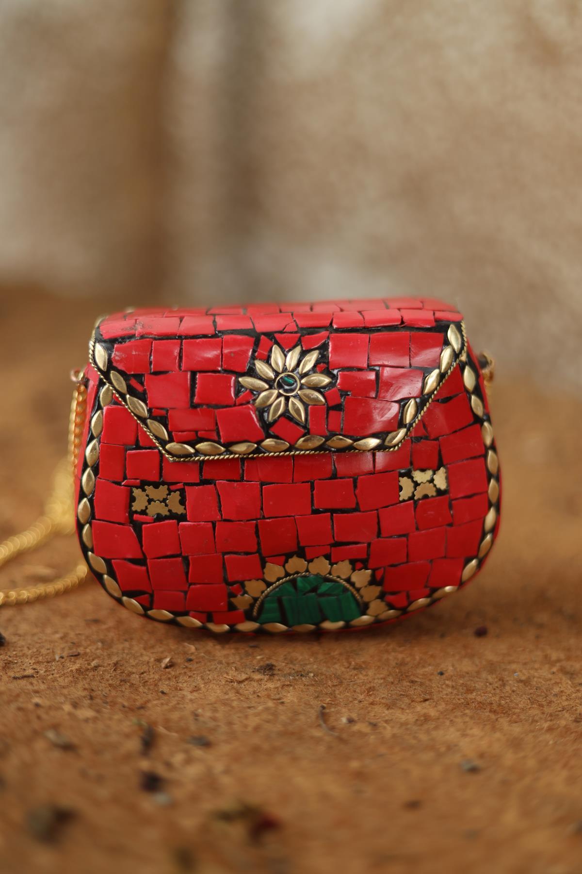 Red Stone Detailed Special Design Elegant Bag