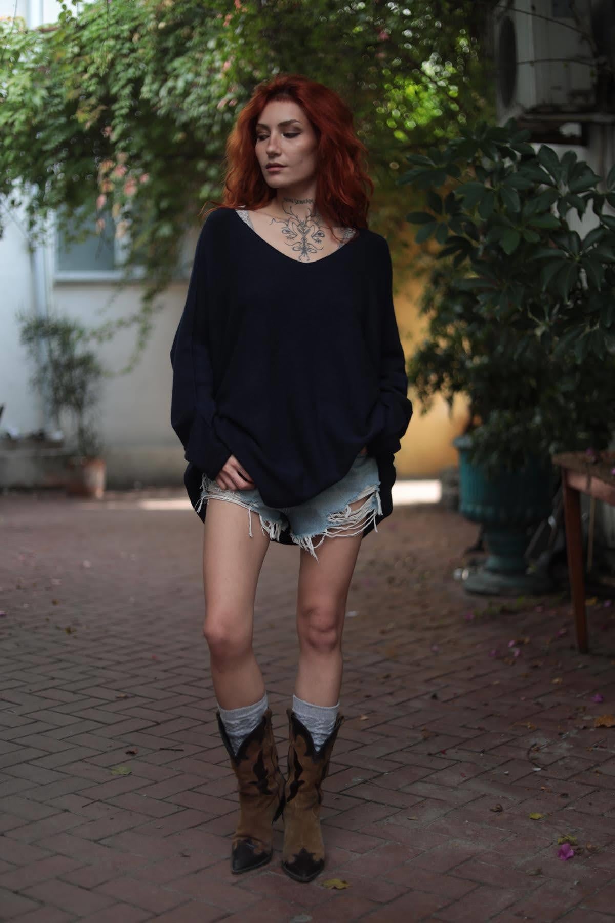 Lacivert Yumuşak Doku Salaş Bluz