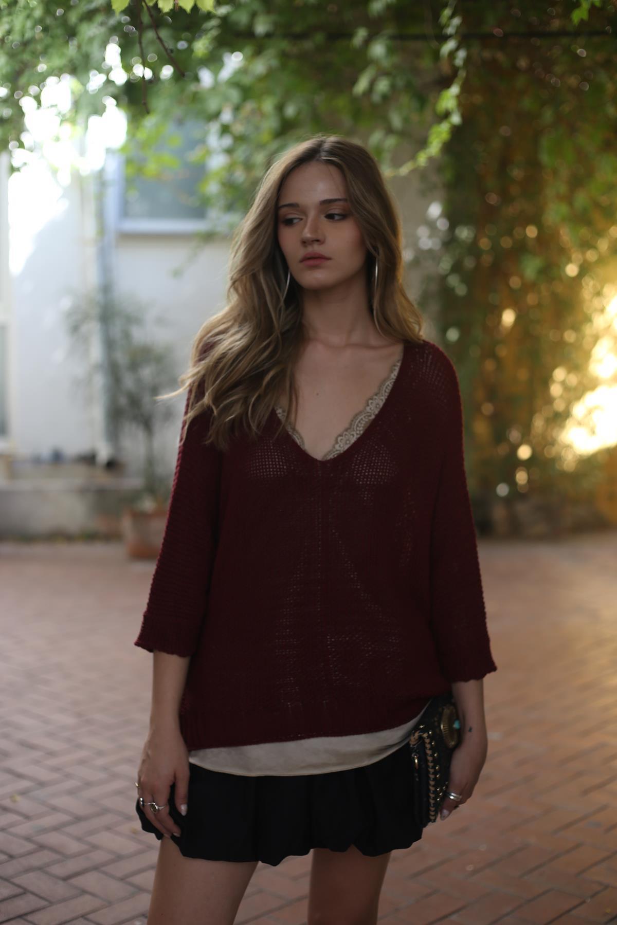 Bordo Önü Kısa Salaş Triko Bluz