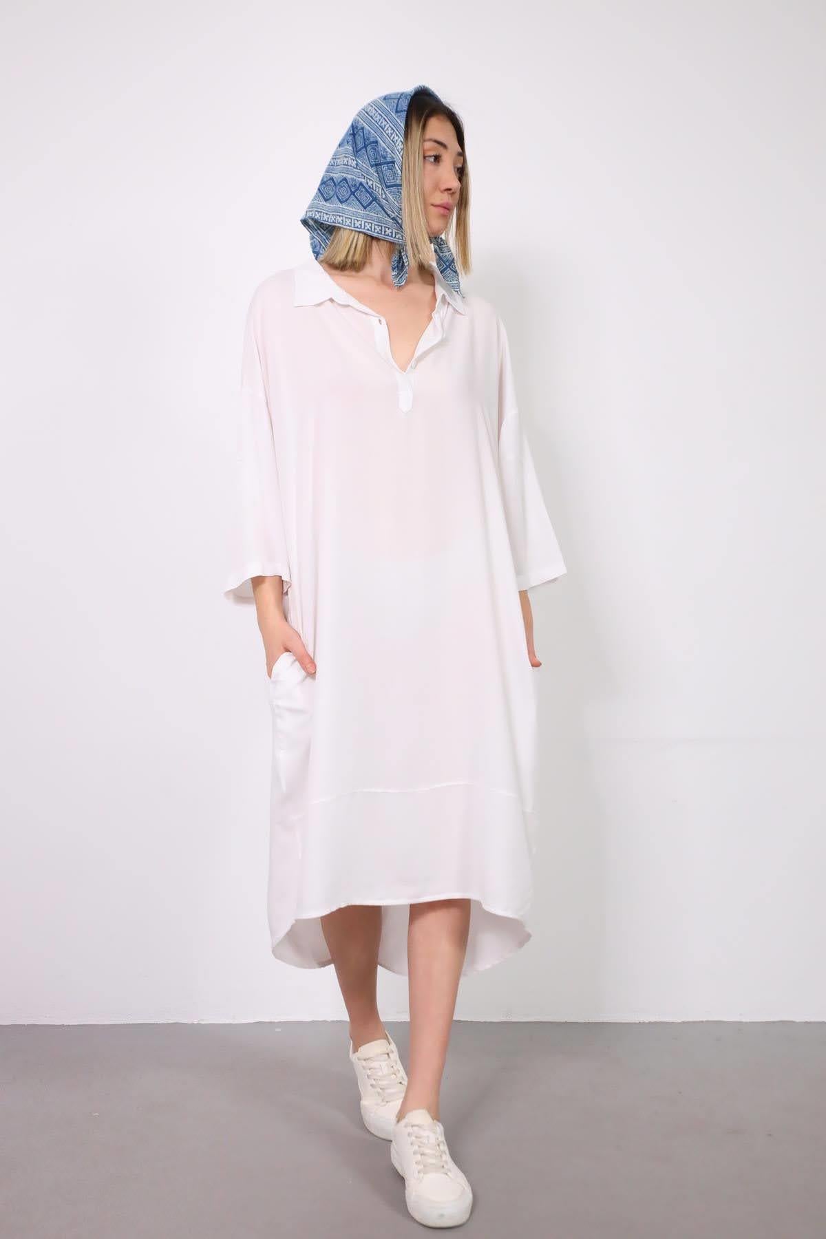 White Ring Detailed Back Shirt Dress - Saman Butik | Shop Online White Ring Detailed Back Shirt Dress