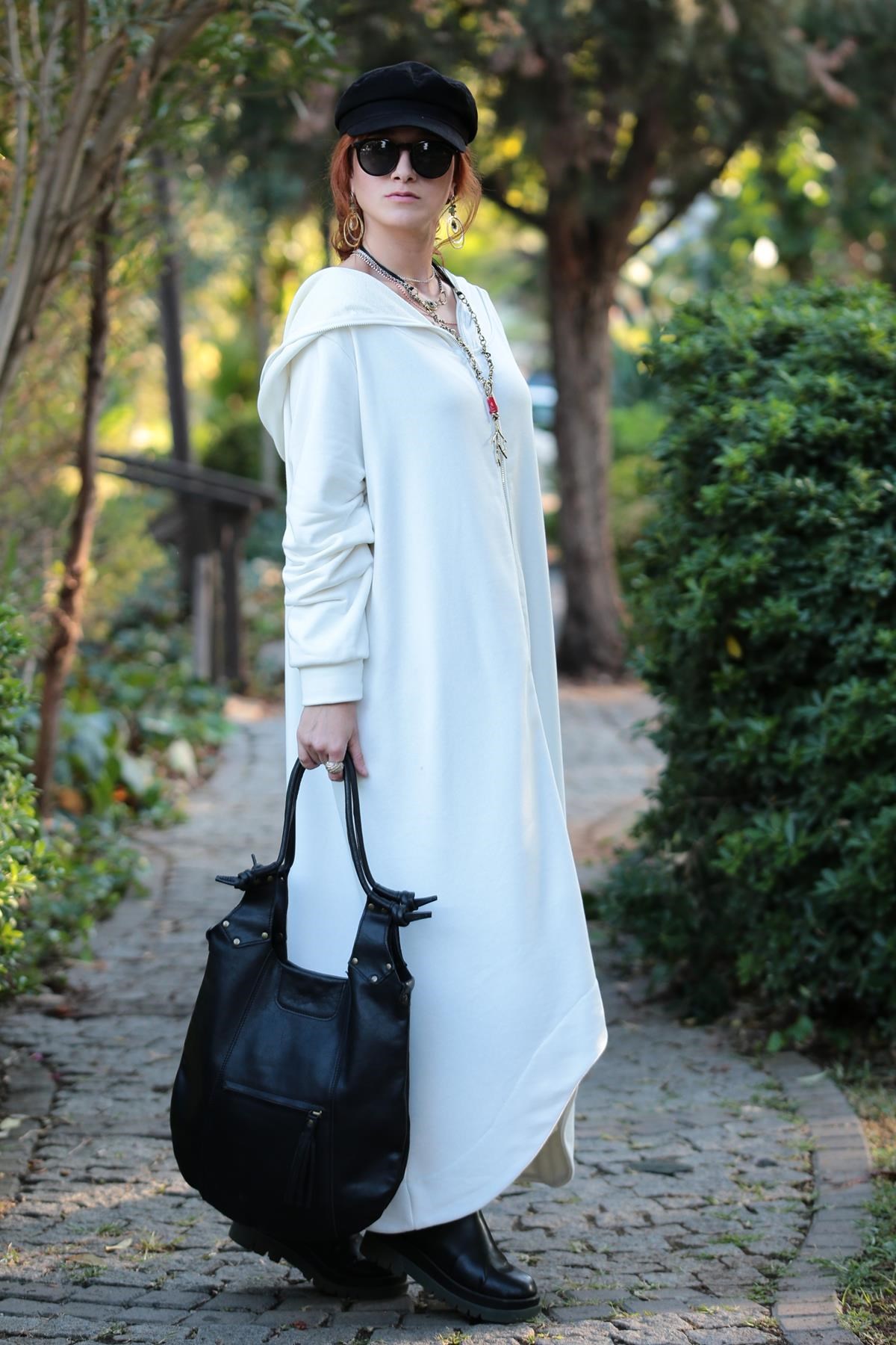 Beyaz Fermuarlı Kapüşonlu Uzun Ceket - Şaman Butik - Bohem Giyim ve  Aksesuar | Kadın & Erkek
