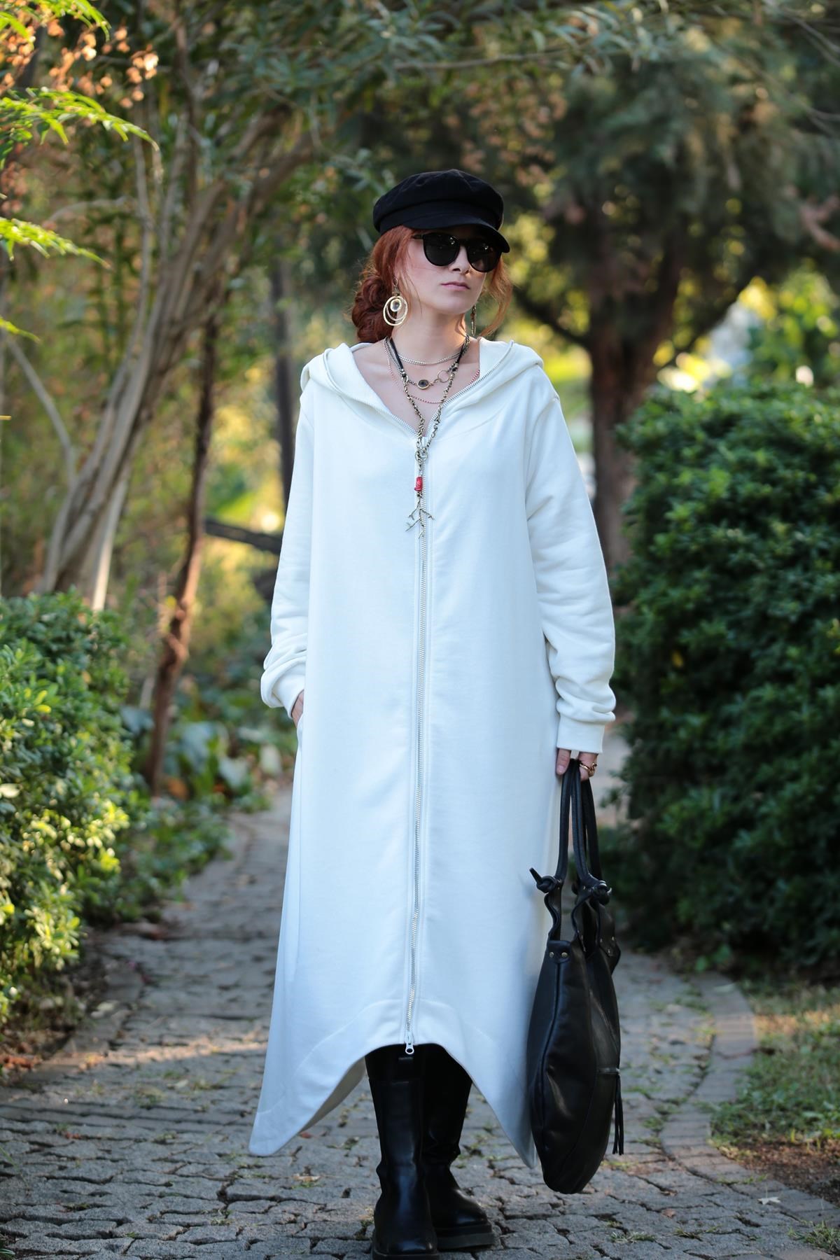 Beyaz Fermuarlı Kapüşonlu Uzun Ceket - Şaman Butik - Bohem Giyim ve  Aksesuar | Kadın & Erkek