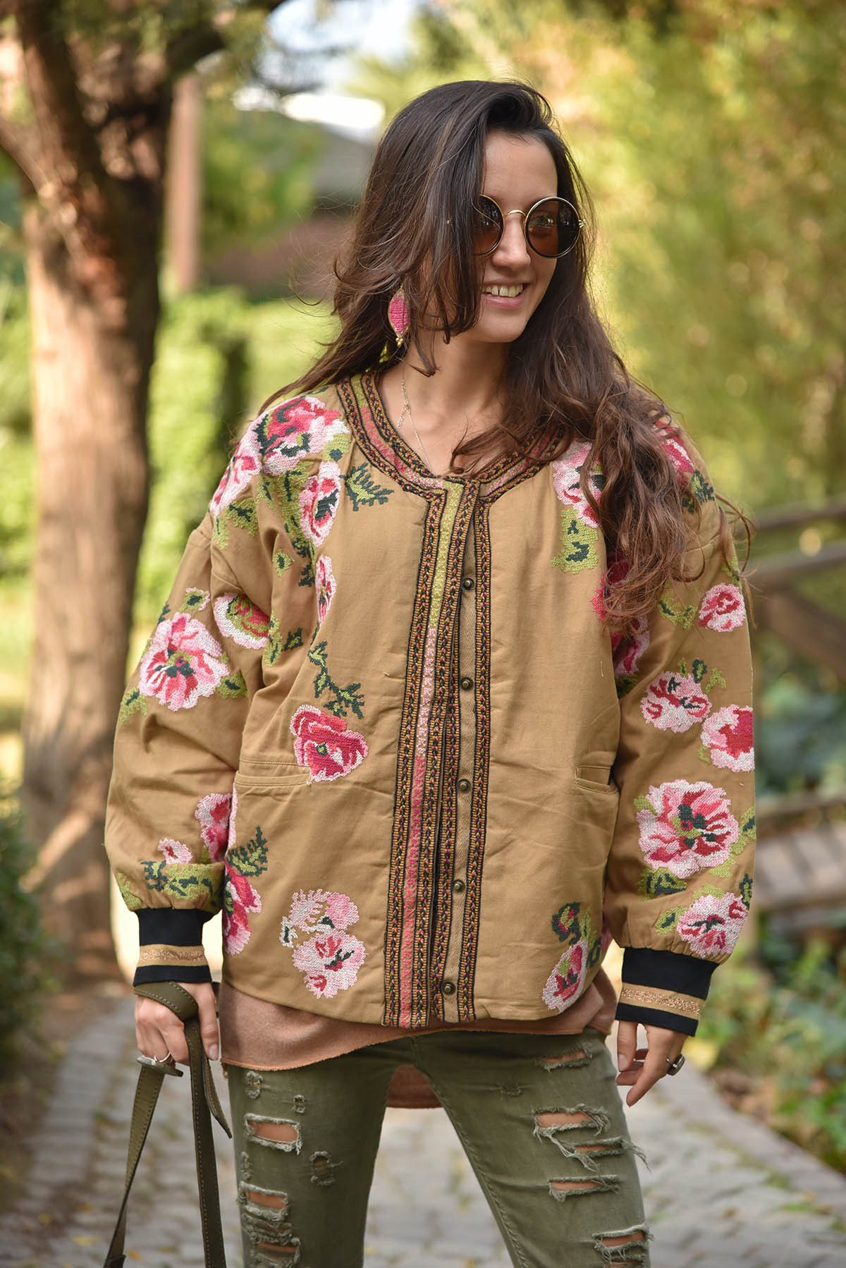Camel Bomber İşlemeli Ceket - Şaman Butik - Bohem Giyim ve Aksesuar | Kadın  & Erkek