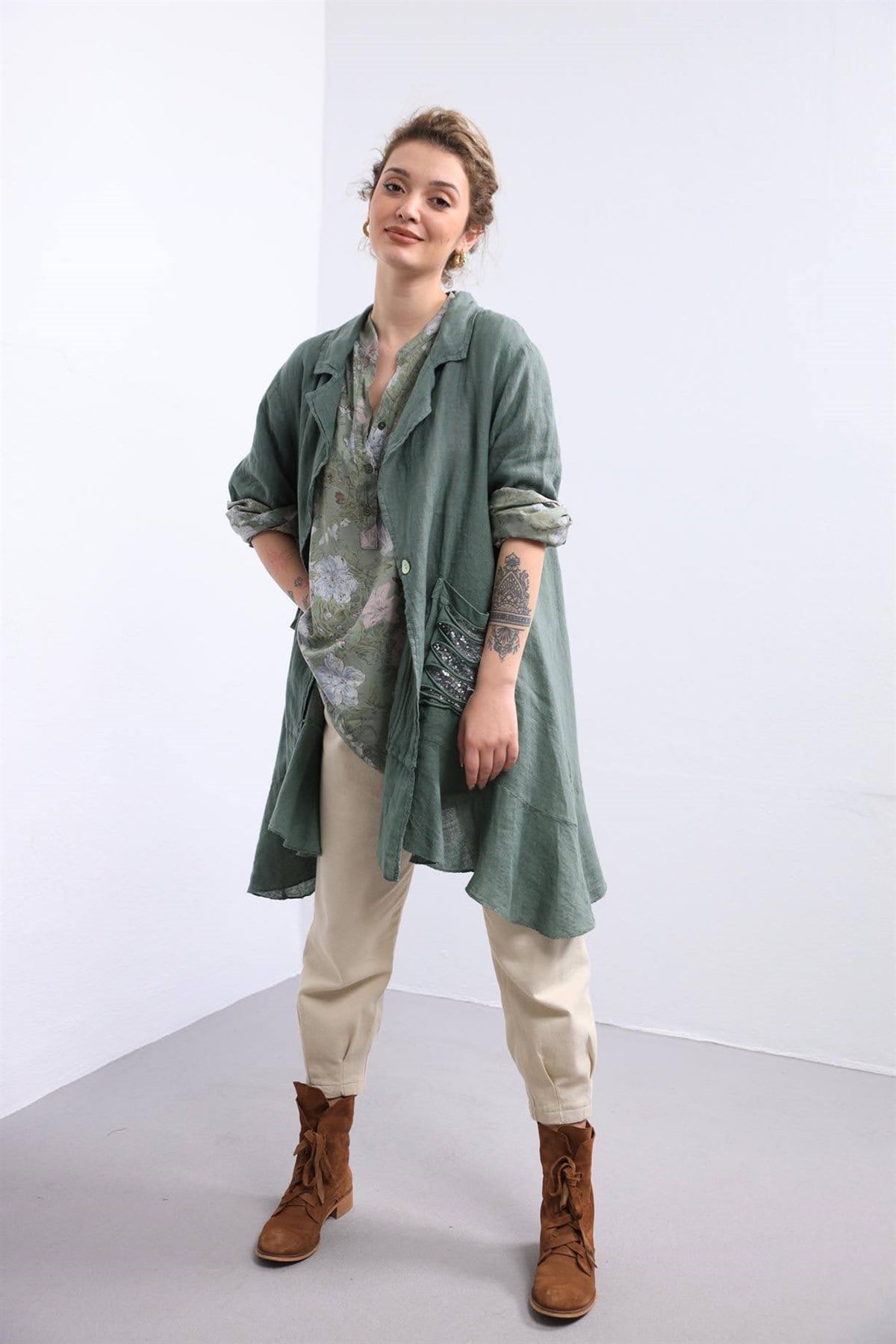 Haki Cebi Pullu Keten Ceket - Şaman Butik Haki Cebi Pullu Keten Ceket