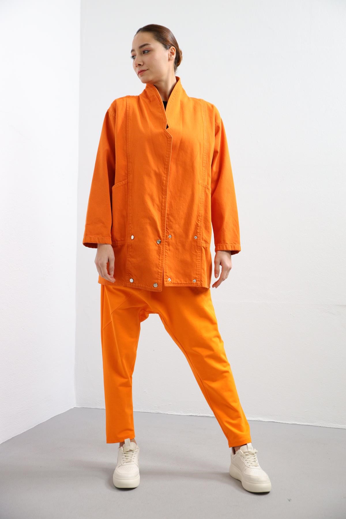 Orange Shawl Collar Denim Jacket - Saman Butik | Shop Online Orange Shawl Collar Denim Jacket