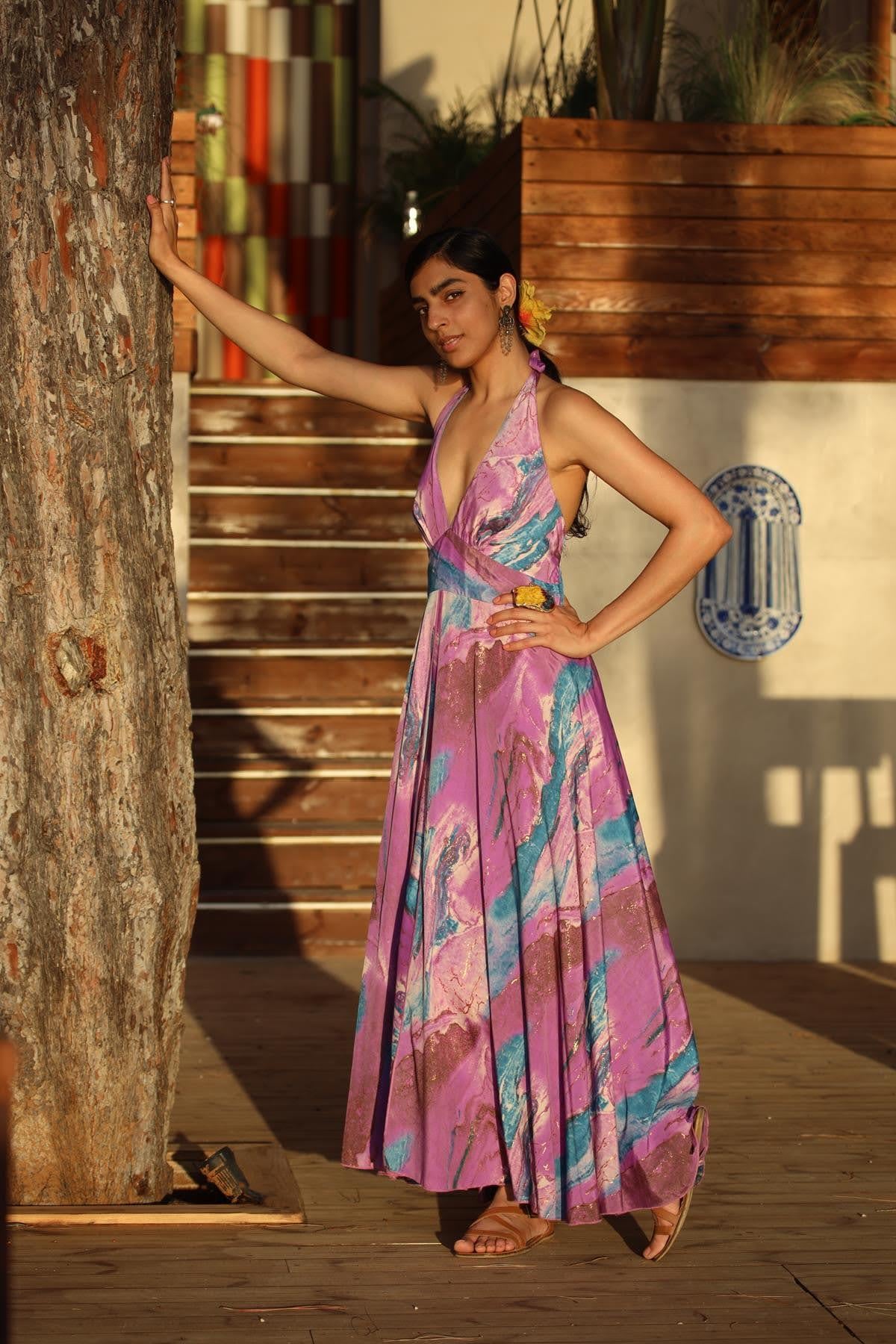 Purple Deep V Neck Tie Neck Silk Dress