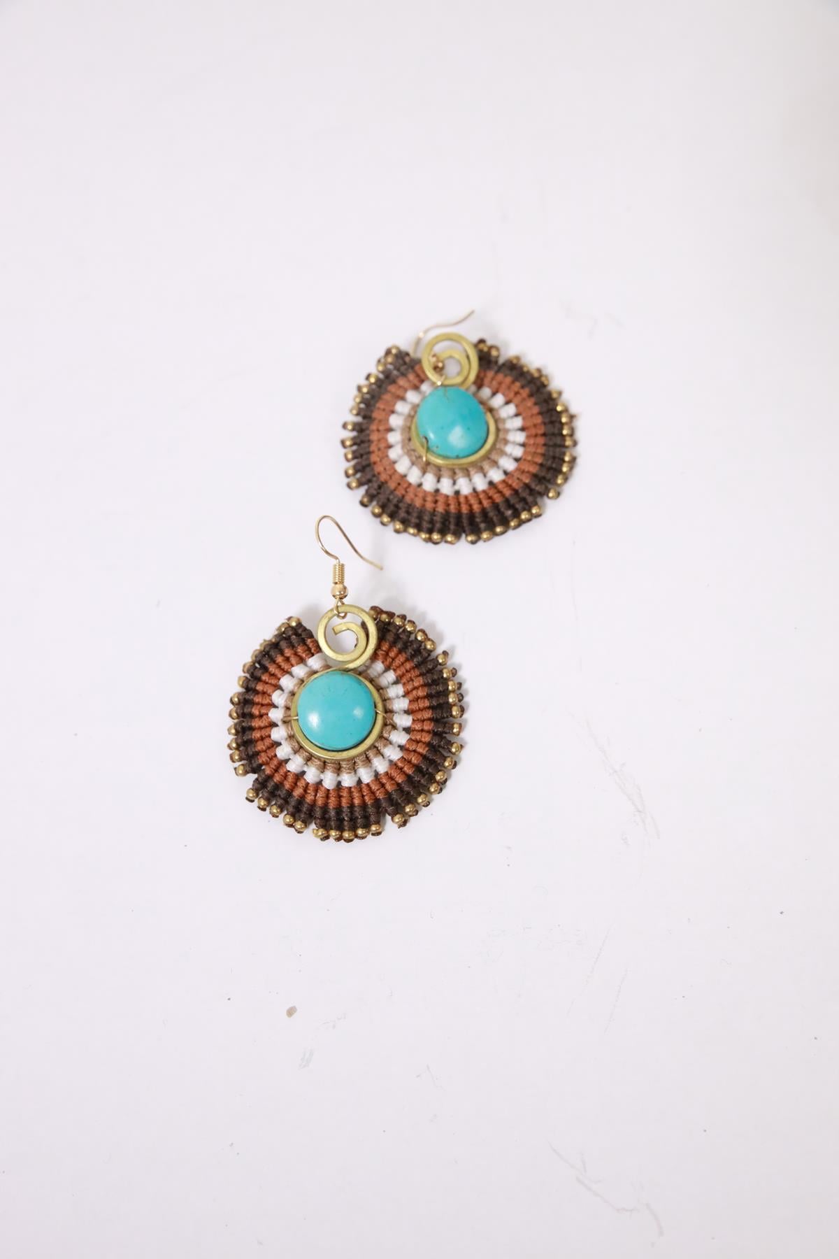 Turkuaz Taşlı Örgü Tasarım Küpe - Şaman Butik Turkuaz Taşlı Örgü Tasarım Küpe