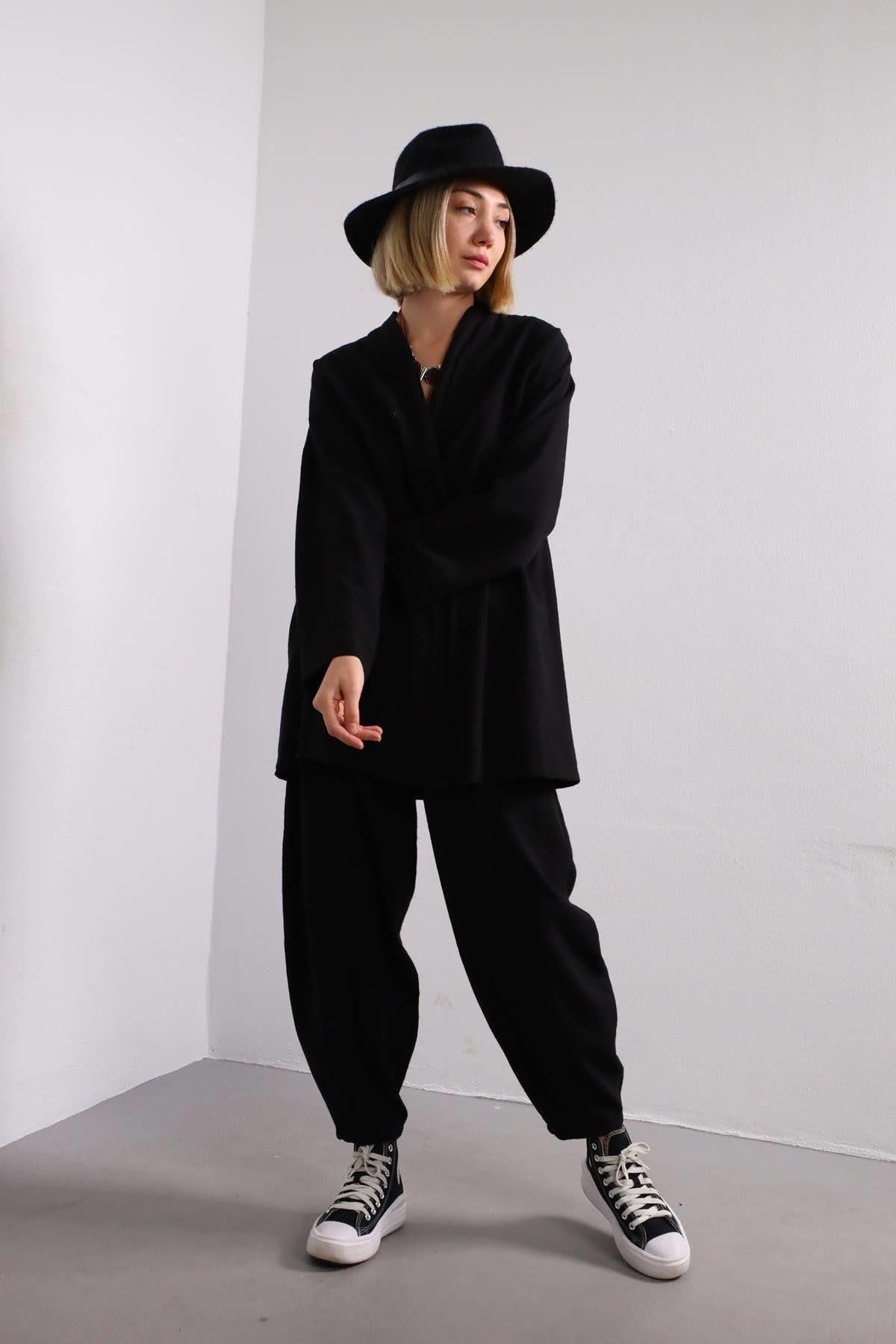 Siyah Dikiş Detaylı Keten Kimono Takım - Şaman Butik Siyah Dikiş Detaylı Keten Kimono Takım