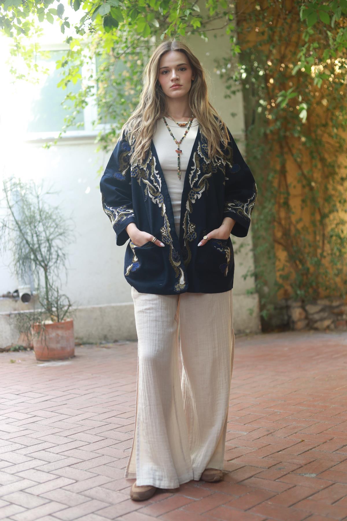 Navy Blue Authentic Embroidered Short Caftan