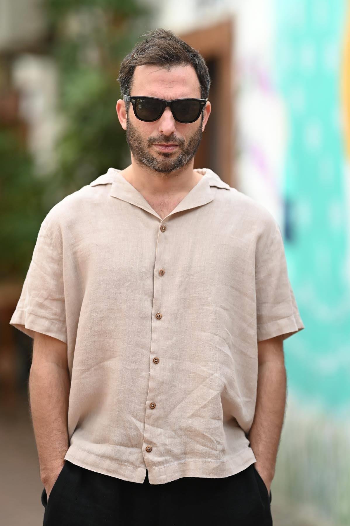 Beige Short Sleeve Linen Men's Shirt