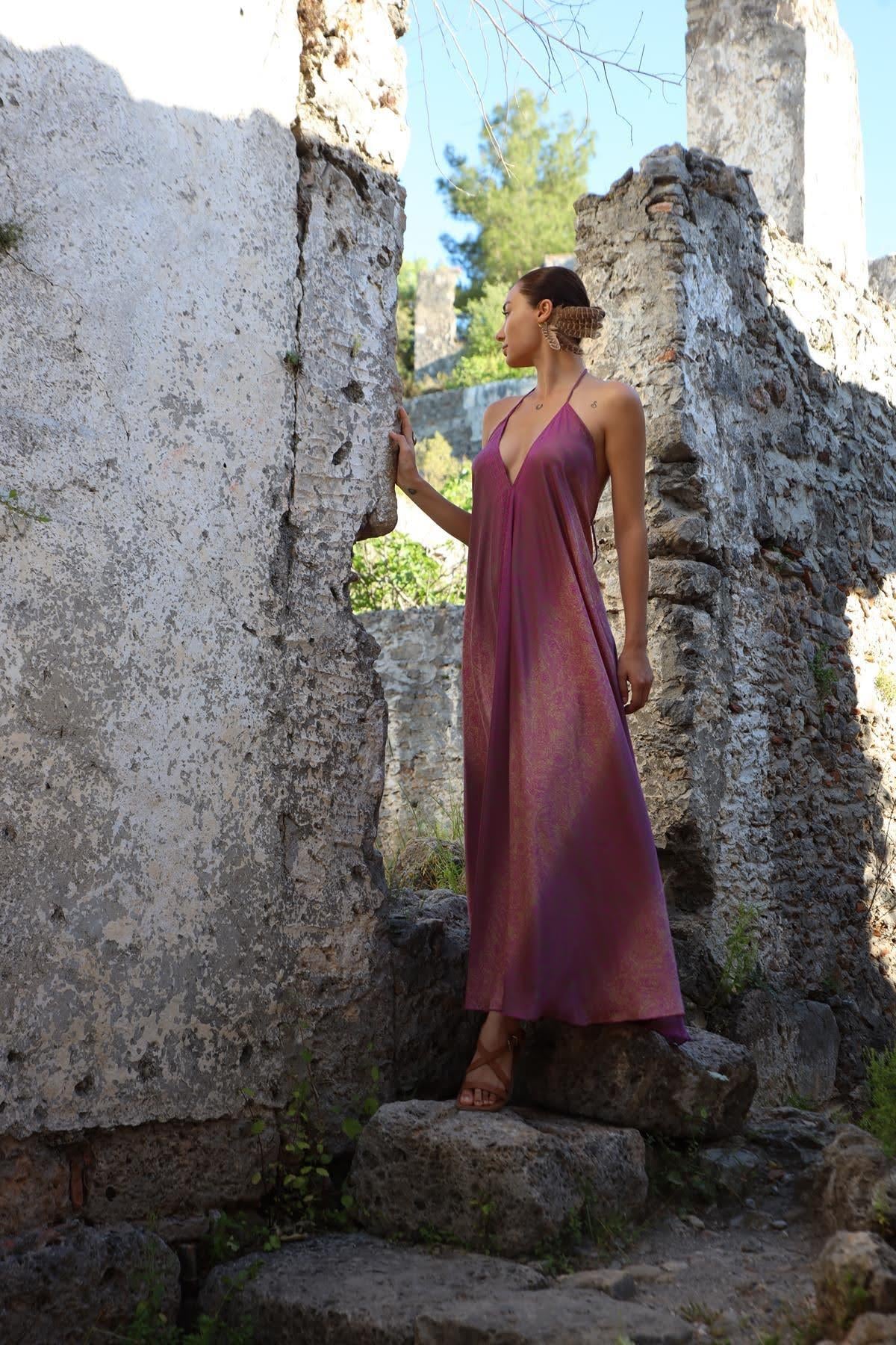 Mor Önü Arkası V Sırtı Bağcıklı Elbise - Şaman Butik Mor Önü Arkası V Sırtı Bağcıklı Elbise