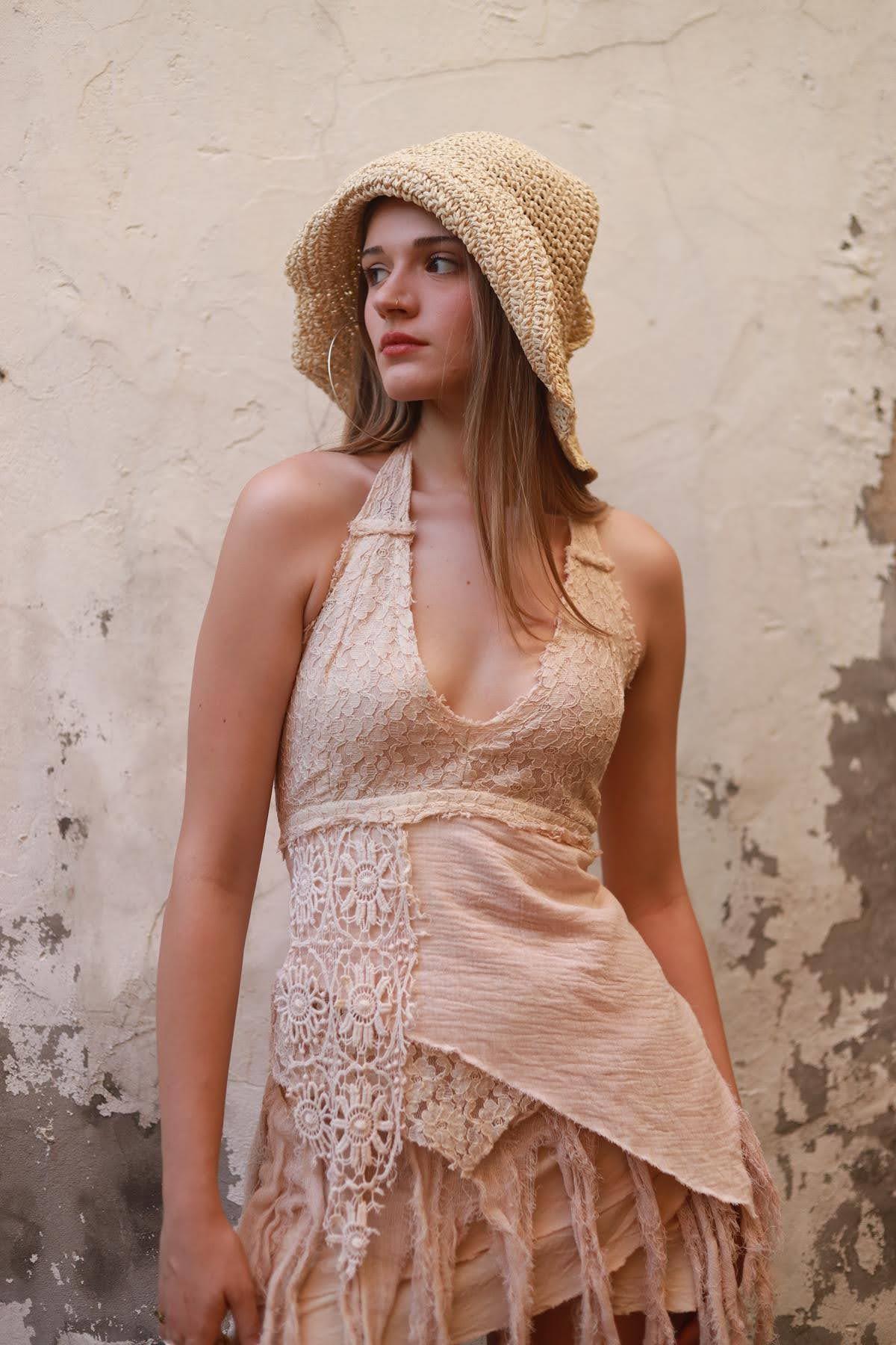 Pudra Pembe Bağlamalı Dantelli Parçalı Crop