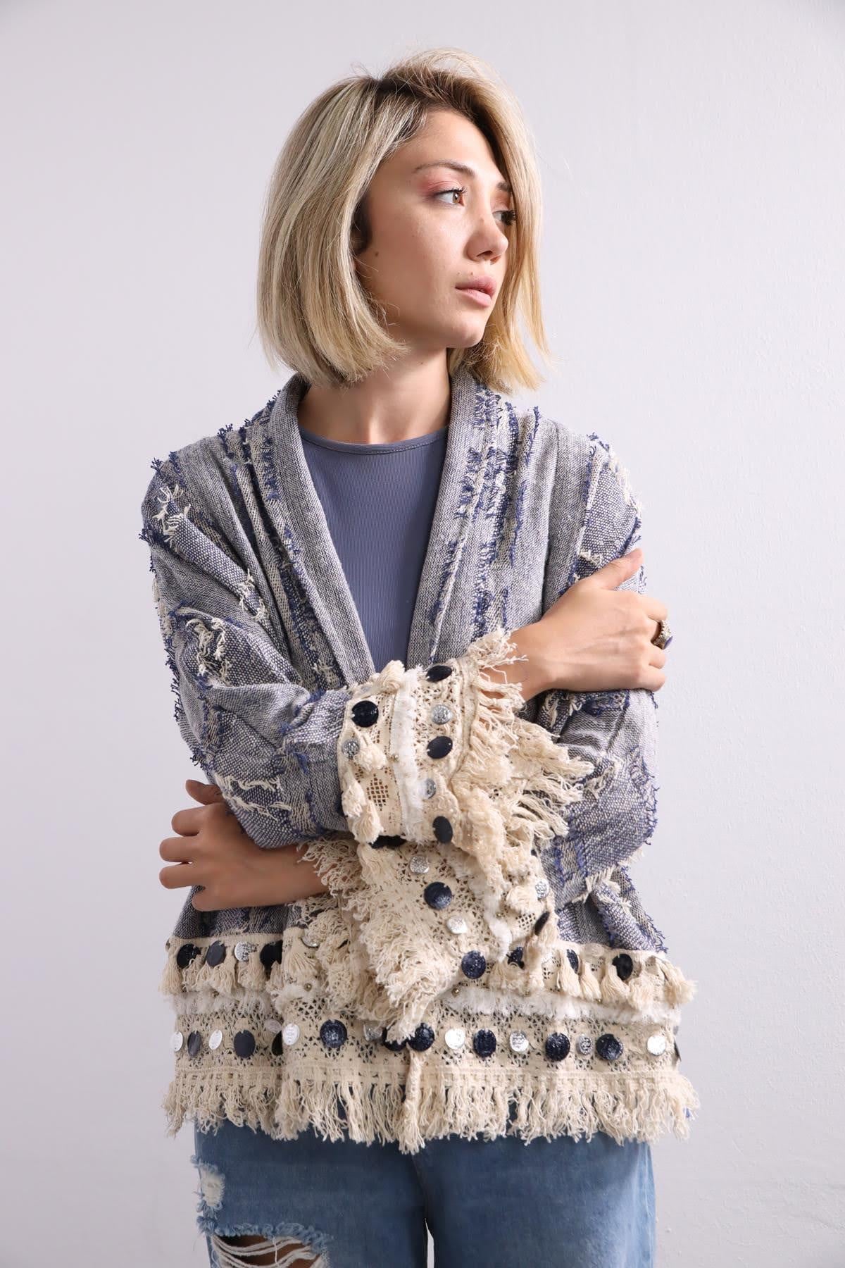 Mavi Saçaklı Kısa Etnik Ceket - Şaman Butik Mavi Saçaklı Kısa Etnik Ceket