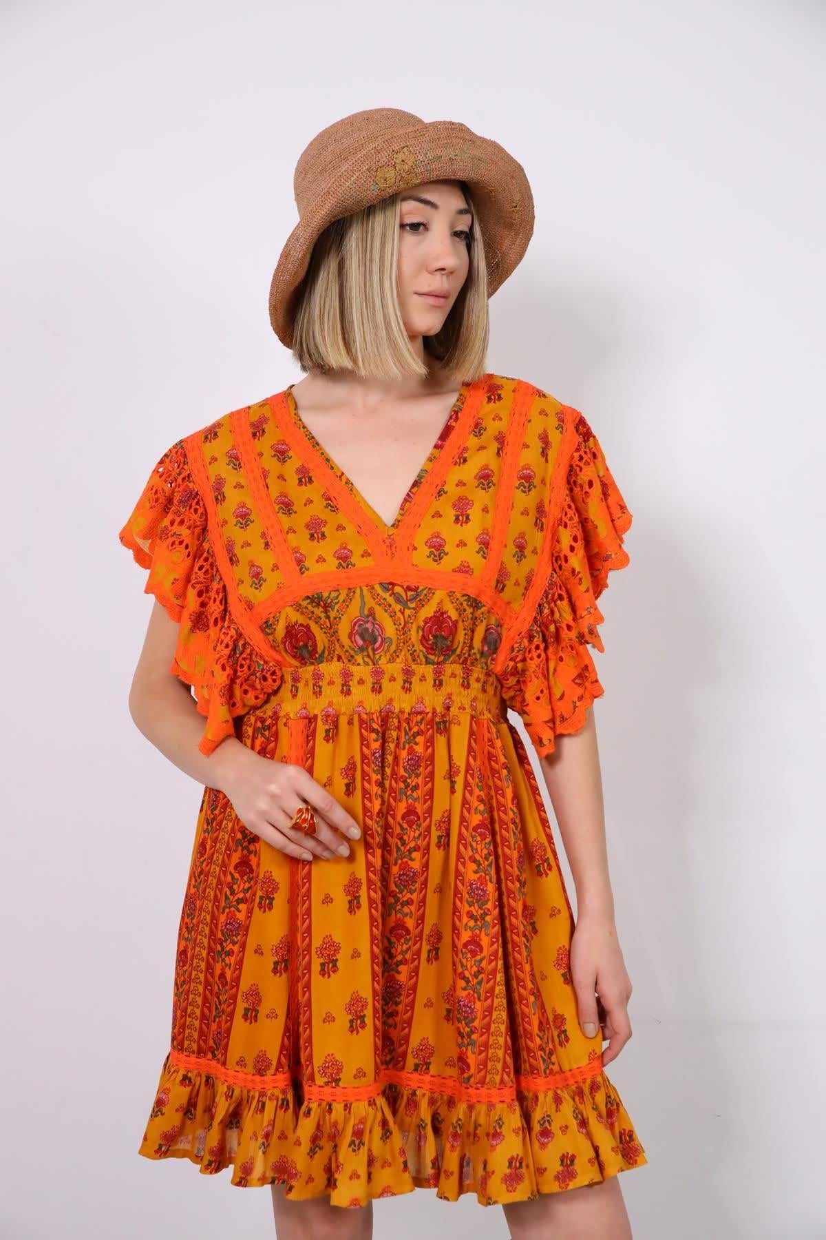 Hardal Rengi Güpürlü Kolları Ajurlu Desenli Elbise - Şaman Butik Hardal Rengi Güpürlü Kolları Ajurlu Desenli Elbise