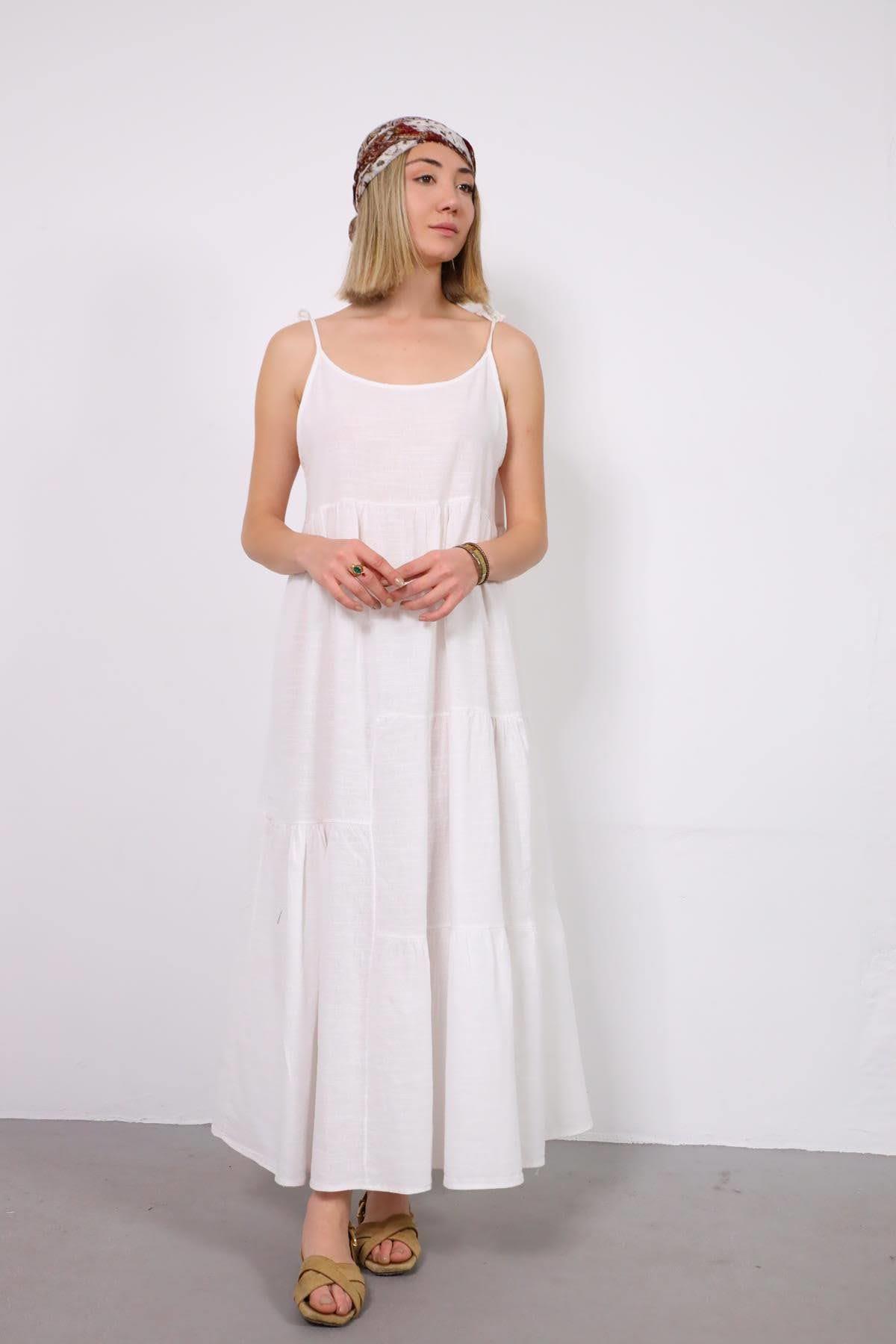 Beyaz İp Askılı Asimetrik Dikişli Keten Elbise - Şaman Butik Beyaz İp Askılı Asimetrik Dikişli Keten Elbise