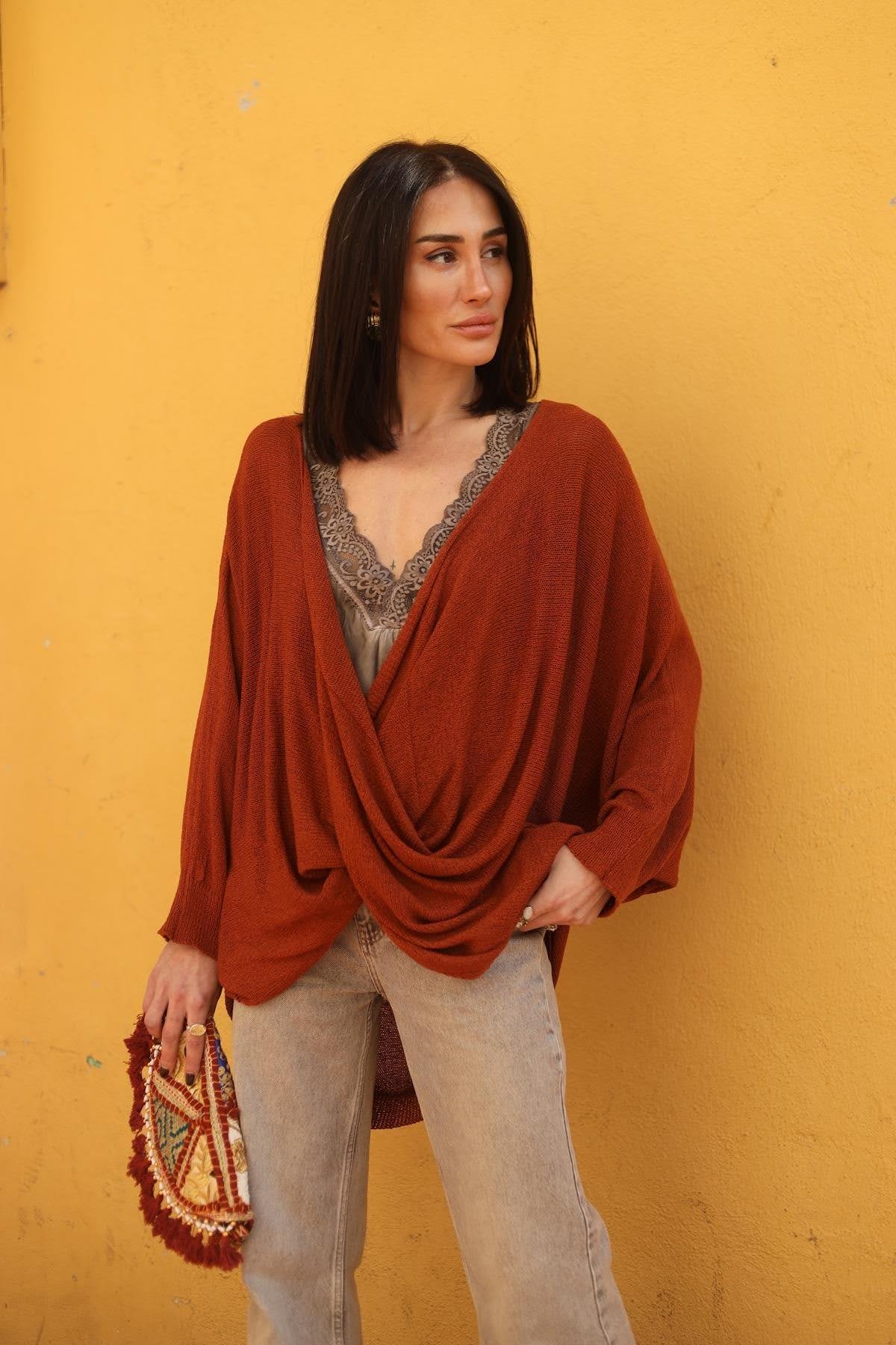 Kiremit Rengi Önü Çapraz Triko Tunik