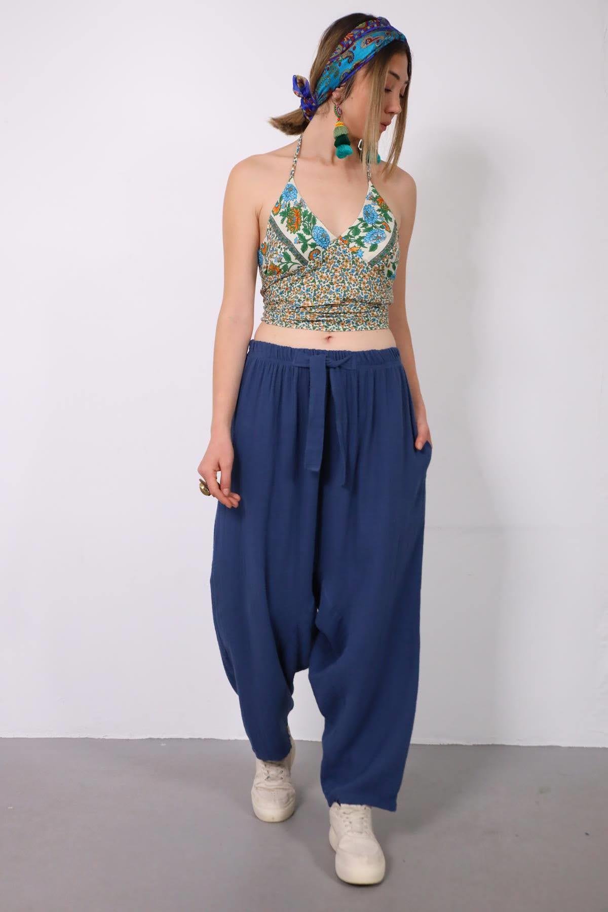  Petrol Mavisi Beli İpli Müslin Şalvar