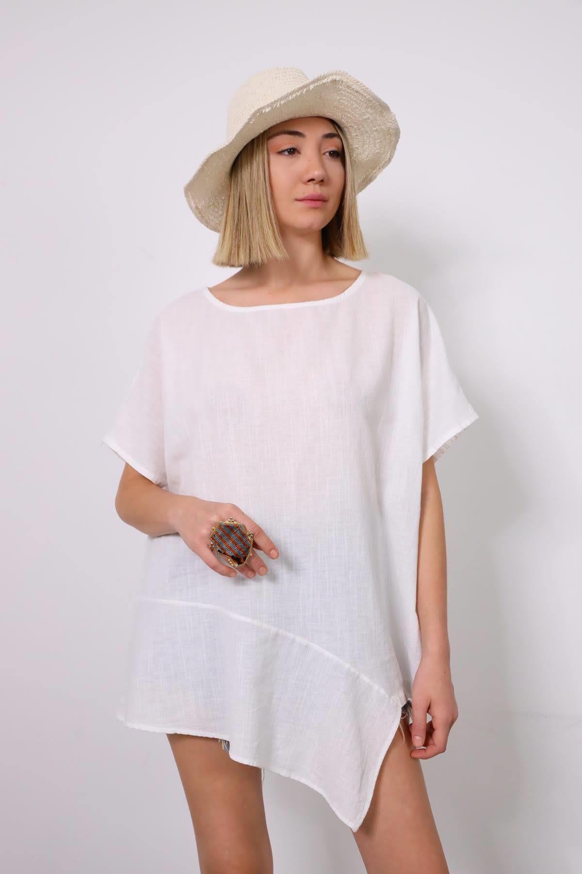 Beyaz Asimetrik Keten Bluz - Şaman Butik Beyaz Asimetrik Keten Bluz