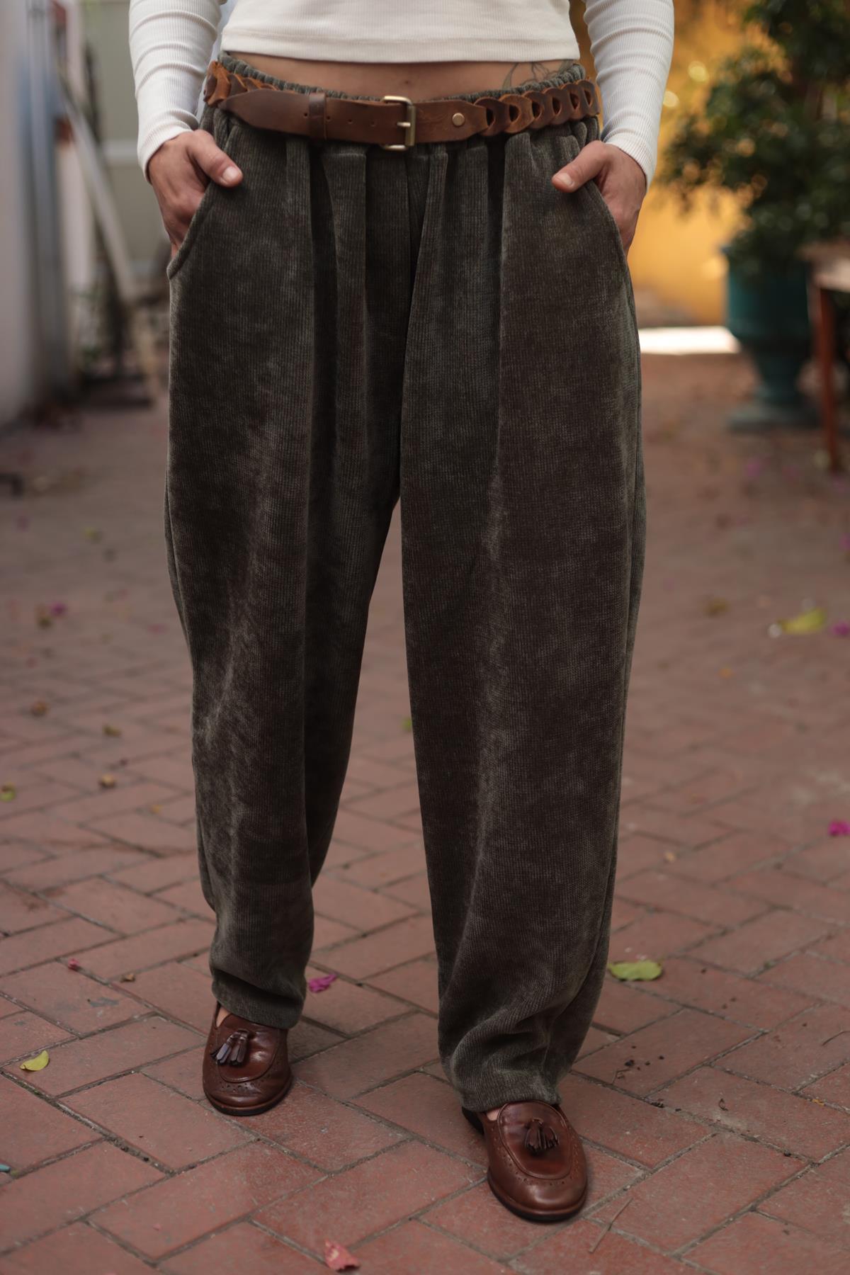 Haki Beli Lastikli Kadife Pantolon