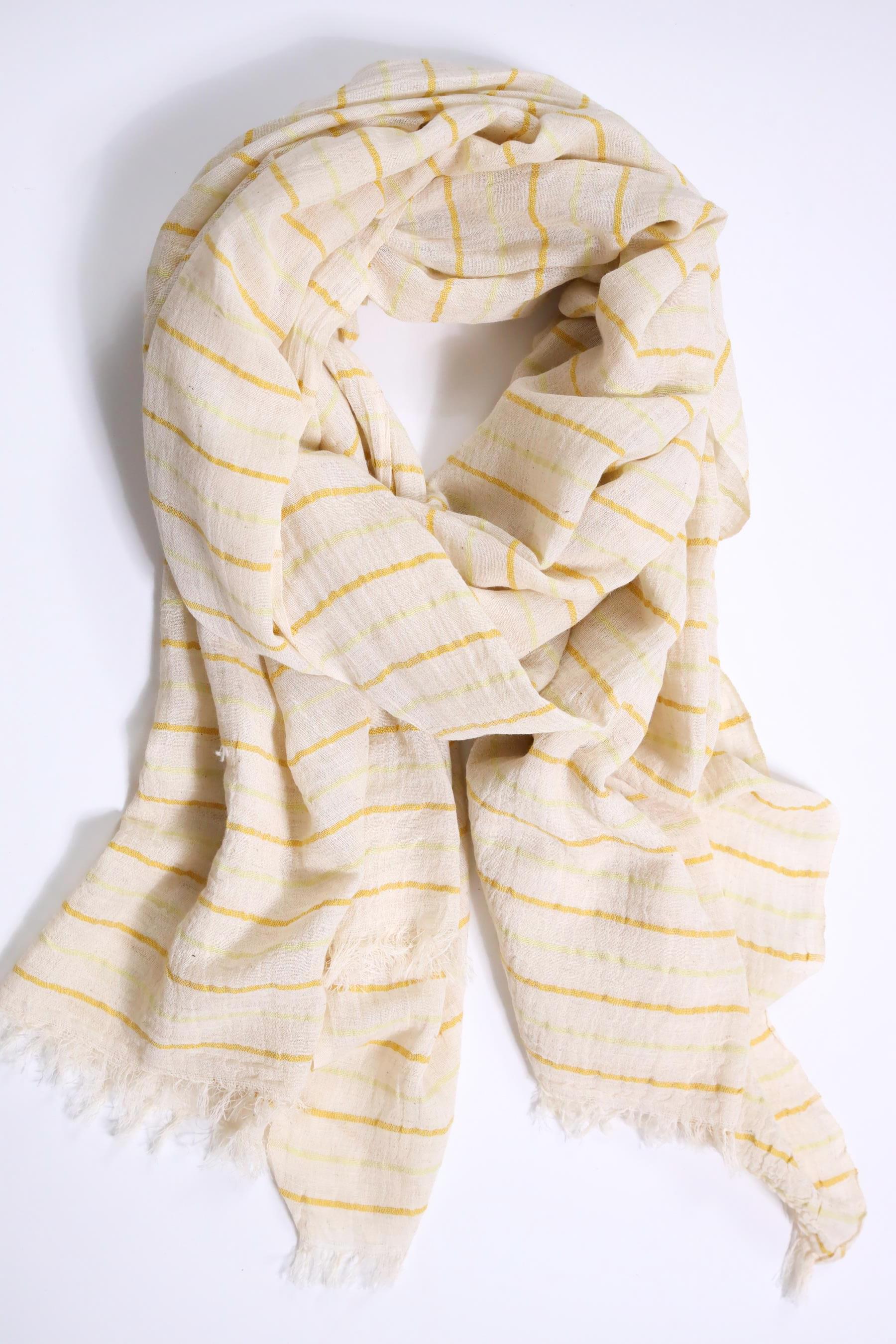  Hardal Rengi ve Sarı Çizgili Keten Diba Şal