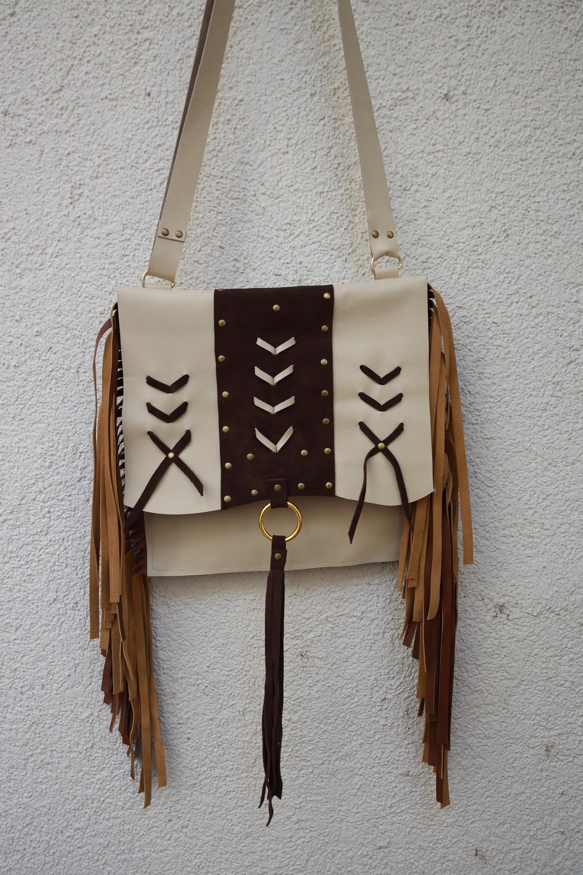 Cream Color Tassel Studded Leather Bag