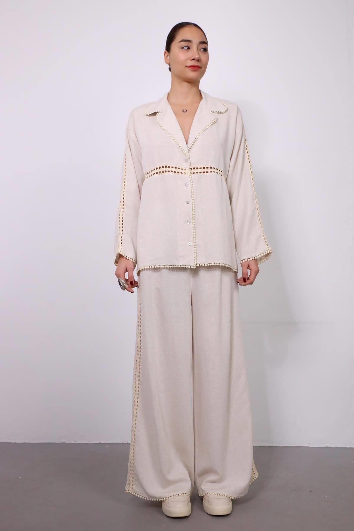 Krem Rengi Güpür Detaylı Takım - Şaman Butik Krem Rengi Güpür Detaylı Takım