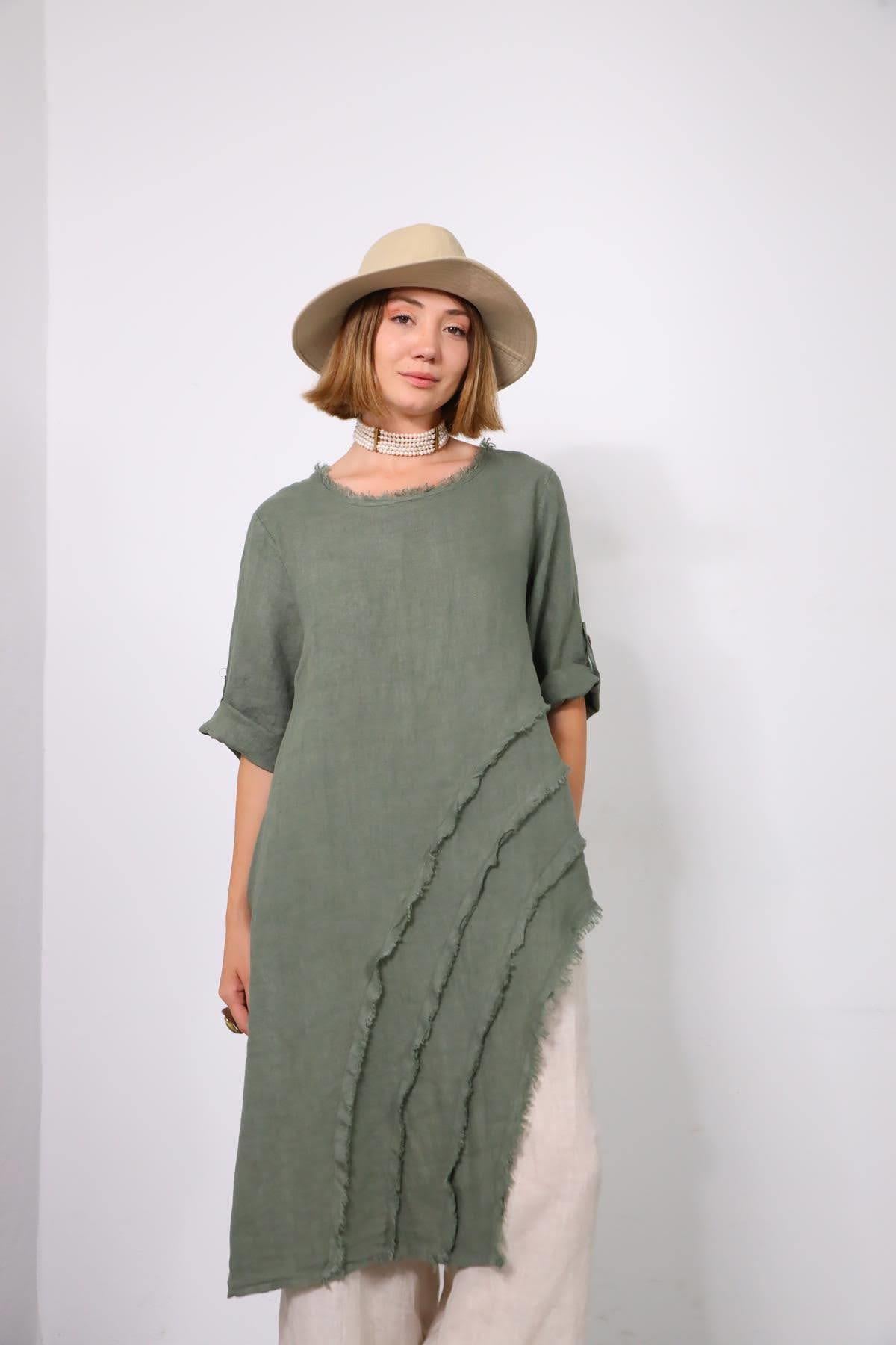 Haki Püsküllü Bisiklet Yaka Asimetrik Kesim Keten Tunik - Şaman Butik Haki Püsküllü Bisiklet Yaka Asimetrik Kesim Keten Tunik