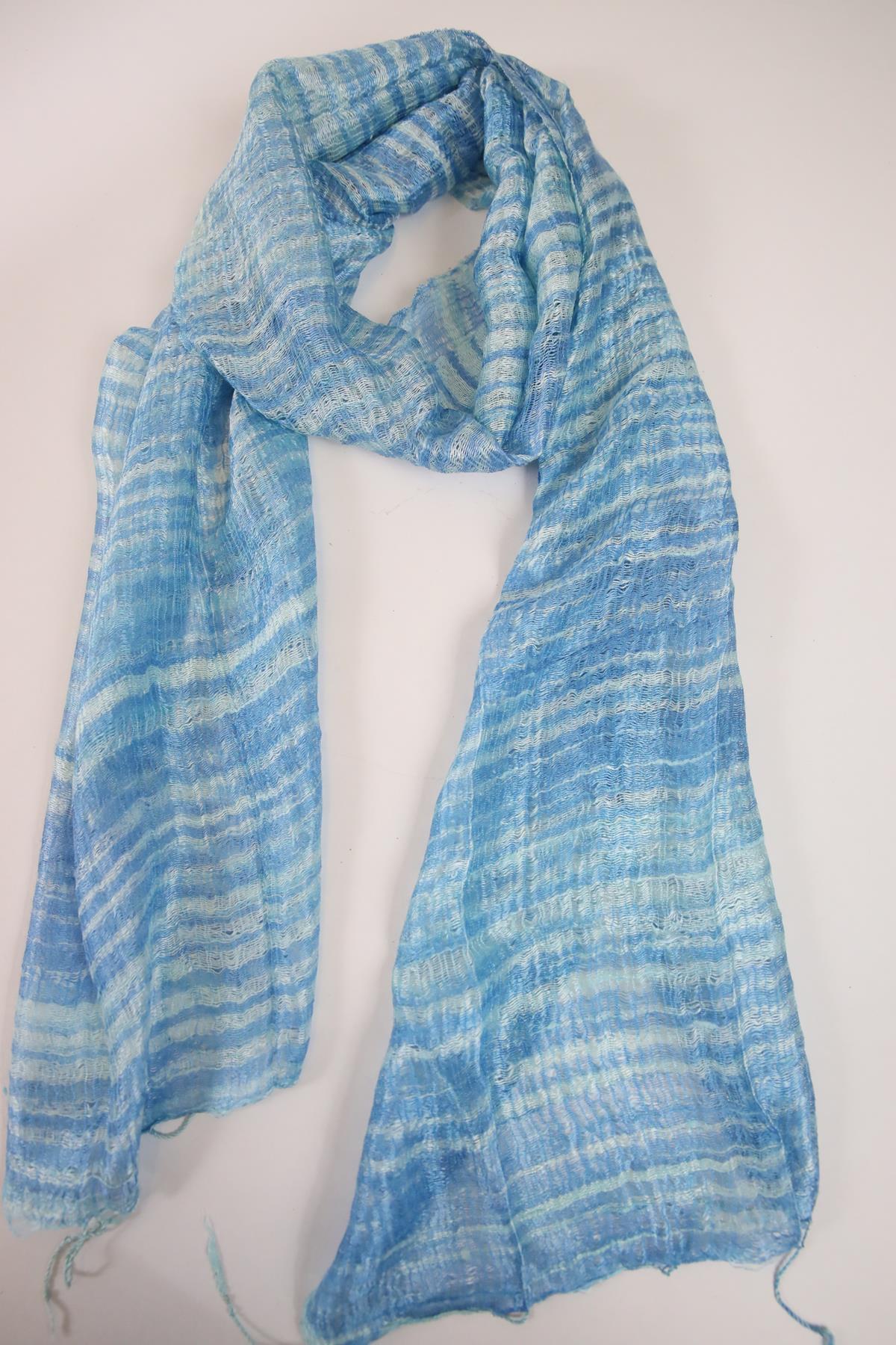  Mavi Çizgili İpek Şal