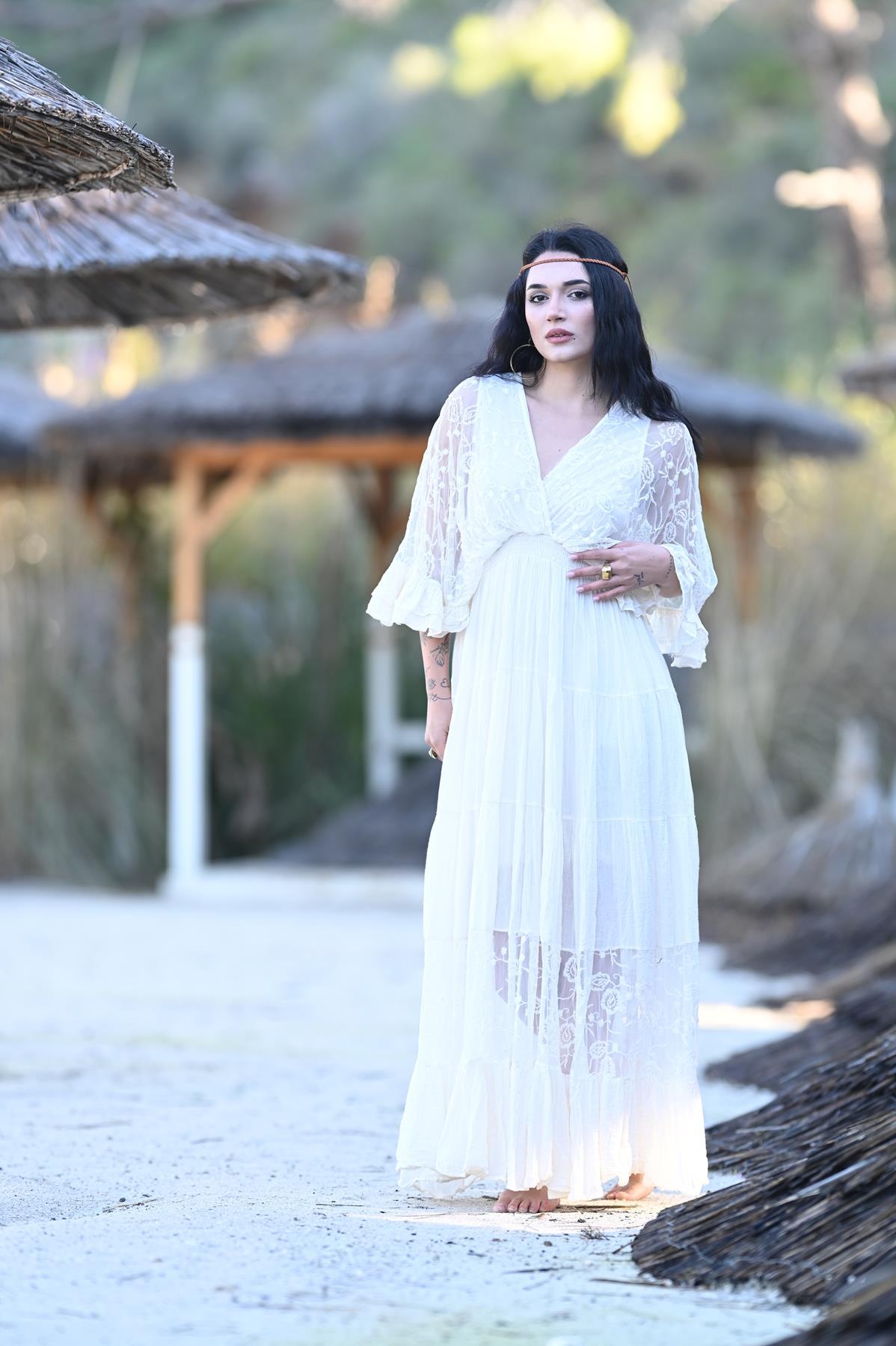 Ekru Güpür Detaylı Bohem Elbise