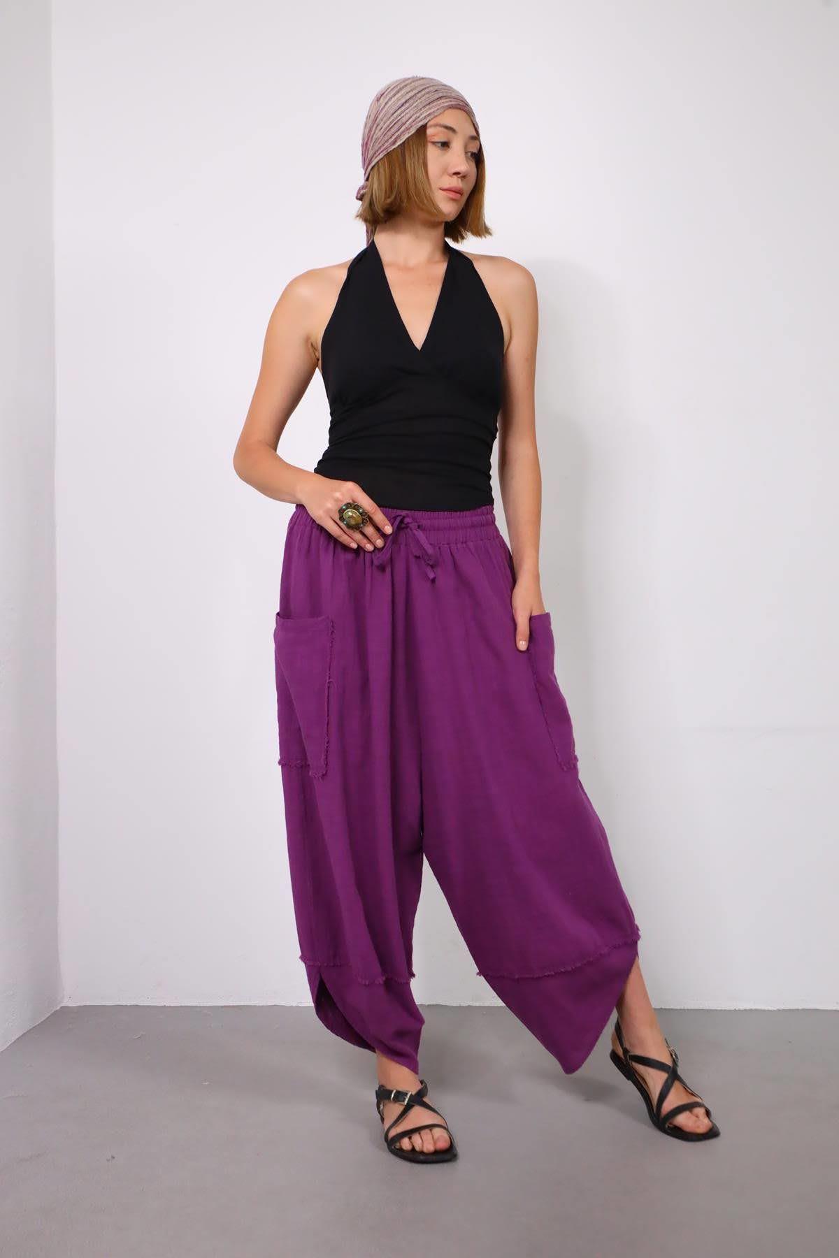 Mor Torba Cepli Püsküllü Paça Detaylı Pantolon - Şaman Butik Mor Torba Cepli Püsküllü Paça Detaylı Pantolon