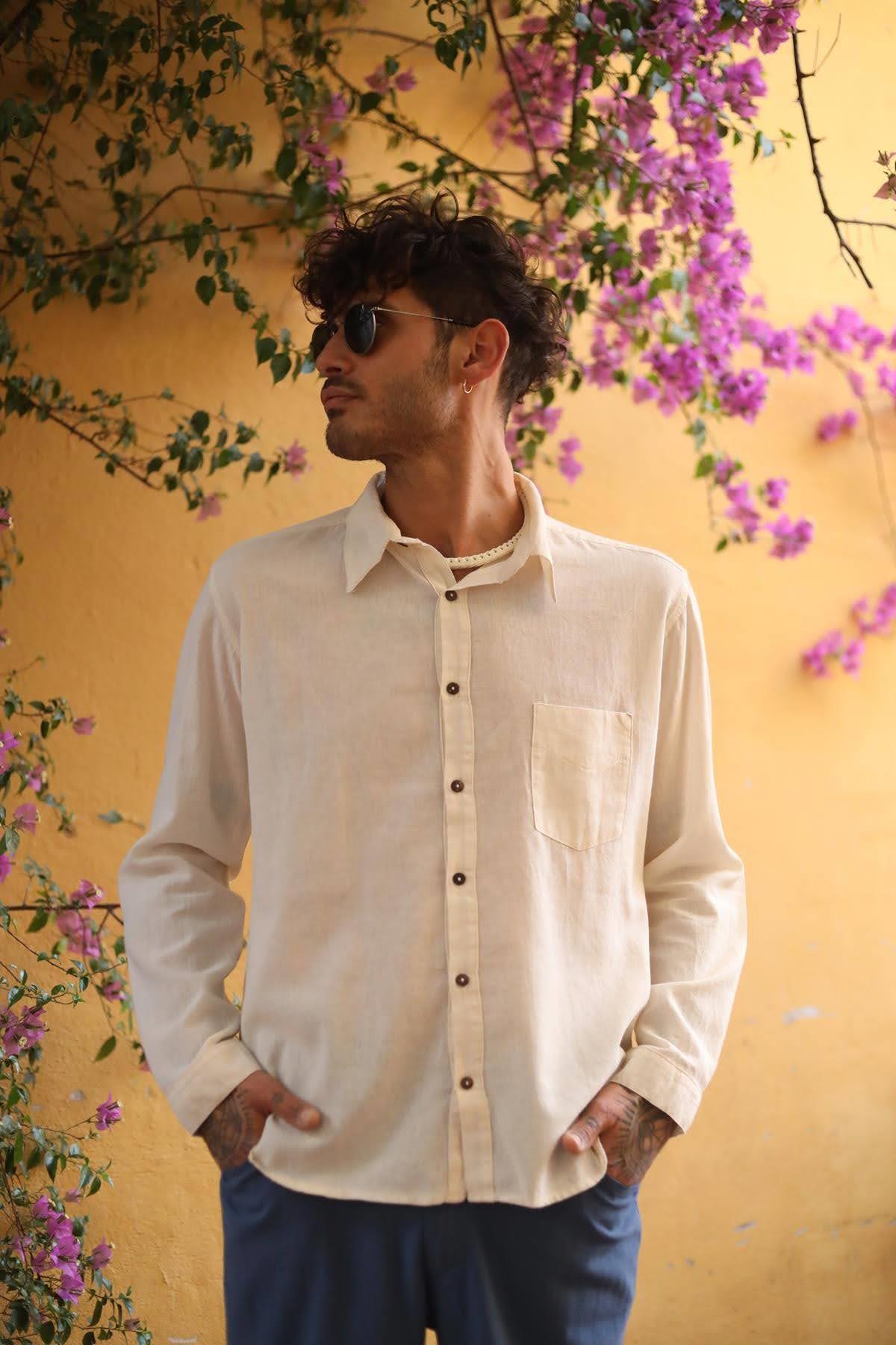Cream Color Stitched Men's Shirt