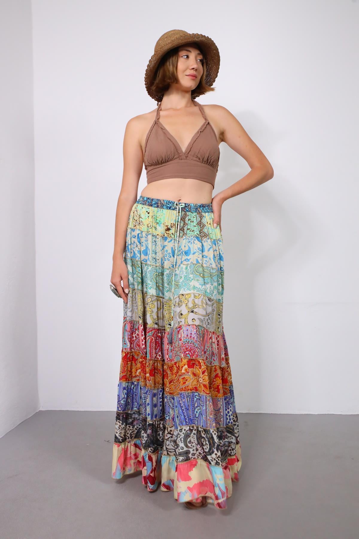 Renkli Patchwork Otantik İpek Etek - Şaman Butik Renkli Patchwork Otantik İpek Etek