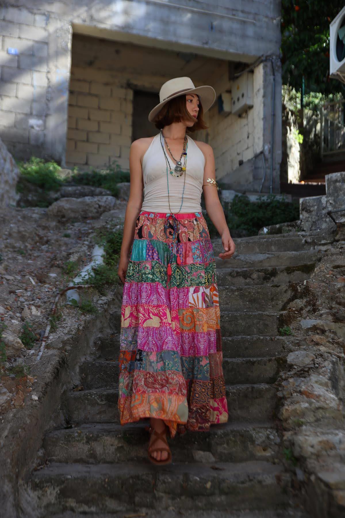 Renkli Patchwork Otantik İpek Etek - Şaman Butik Renkli Patchwork Otantik İpek Etek