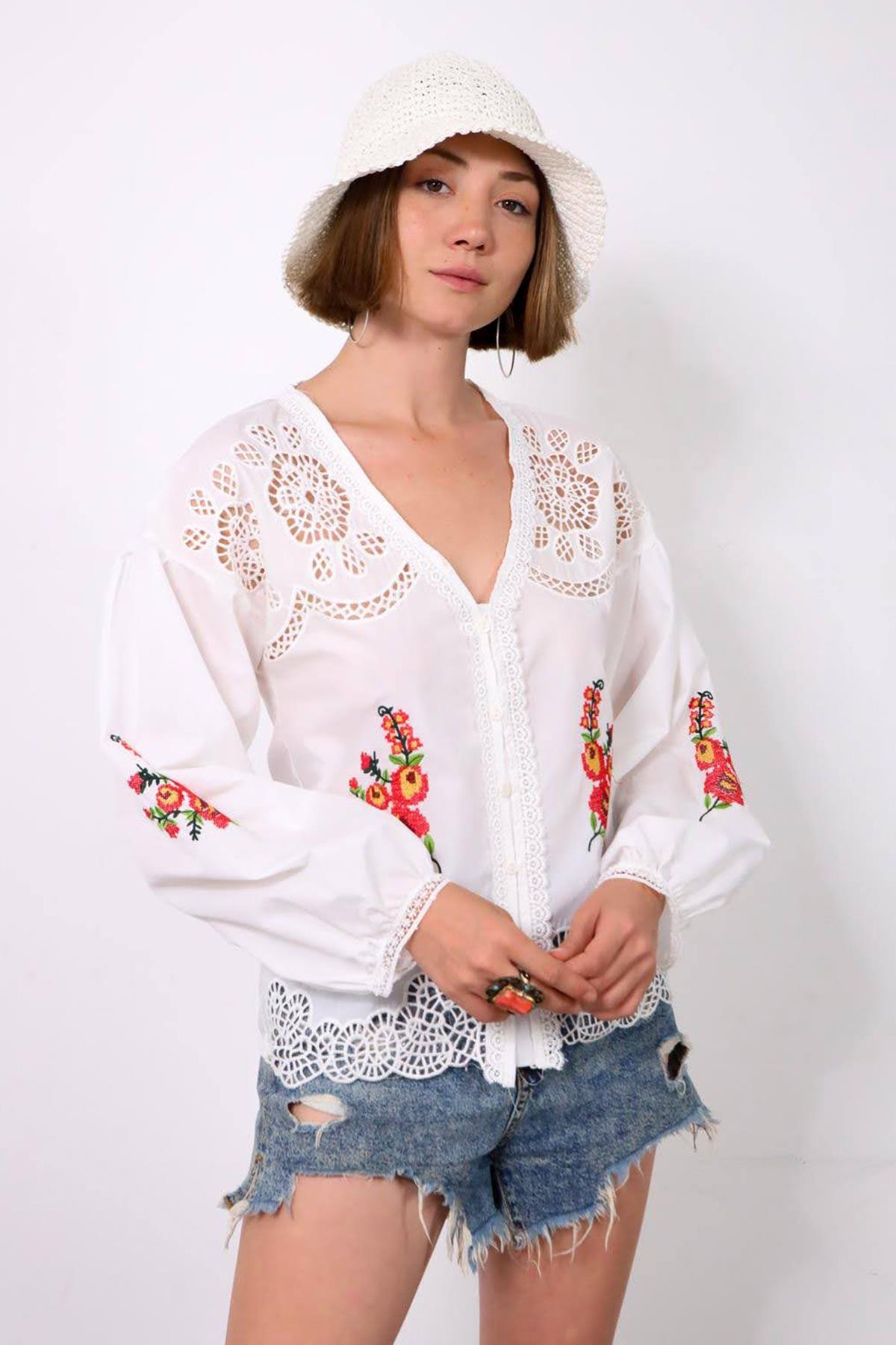 Beyaz El Örgüsü Hasır Şapka - Şaman Butik Beyaz El Örgüsü Hasır Şapka