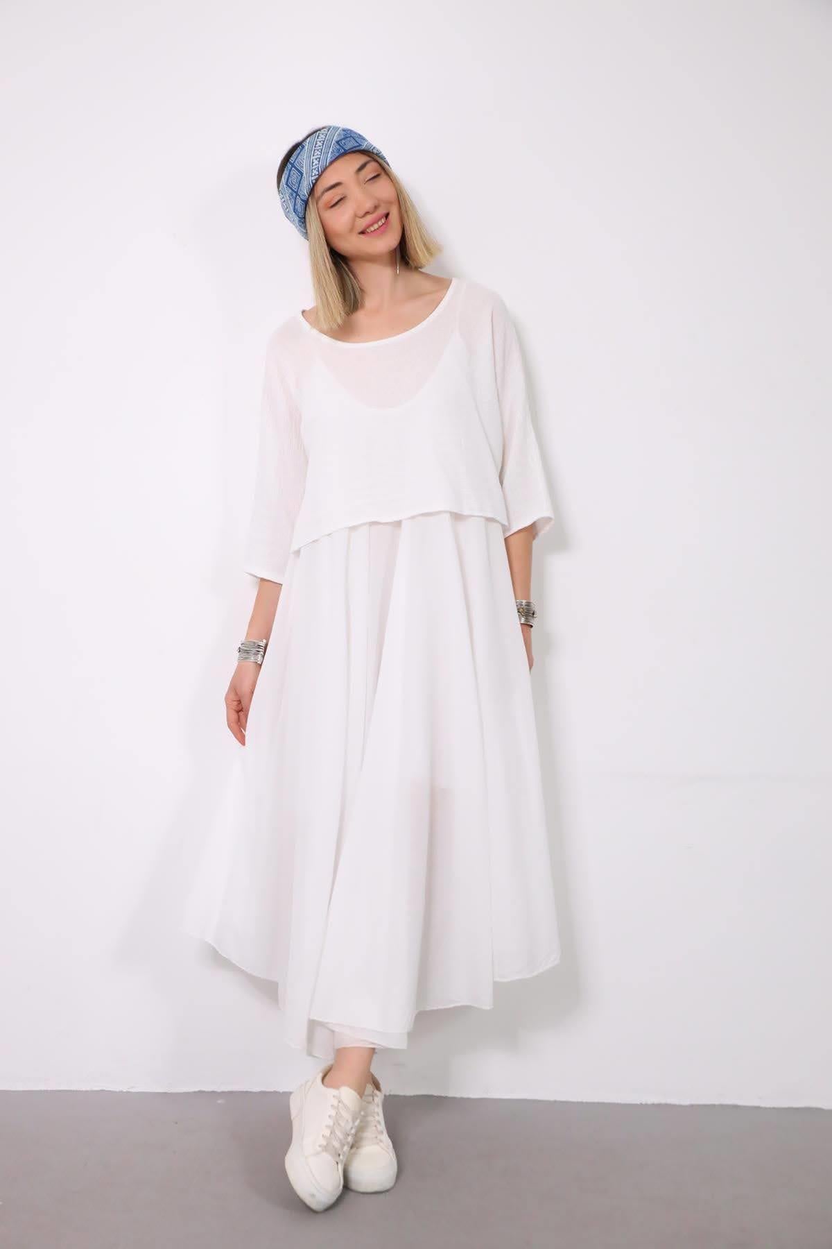 White Two Layered Dress with Linen Top - Saman Butik | Shop Online White Two Layered Dress with Linen Top