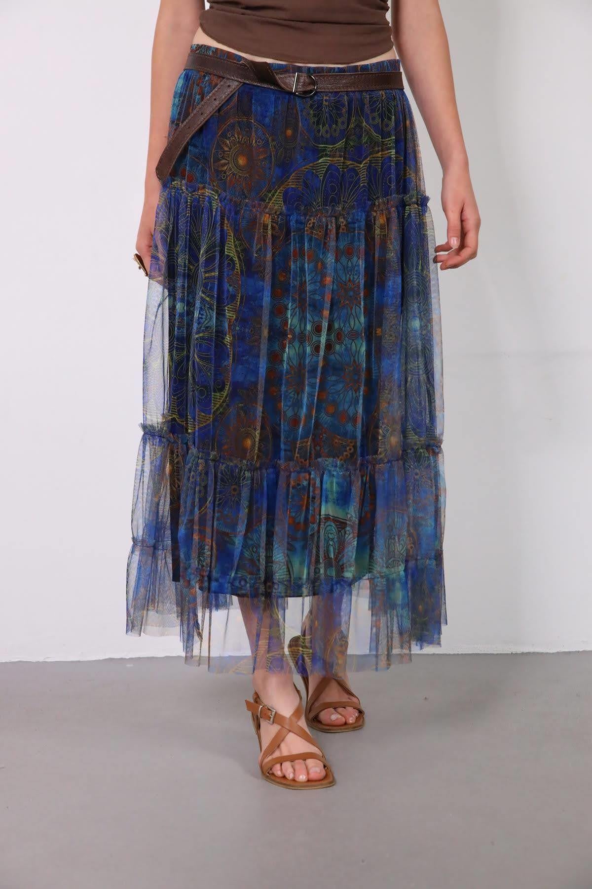 Navy Blue Floral Stitched Waist Shirt Dress - Şaman Butik Navy Blue Ethnic Pattern Tulle Skirt