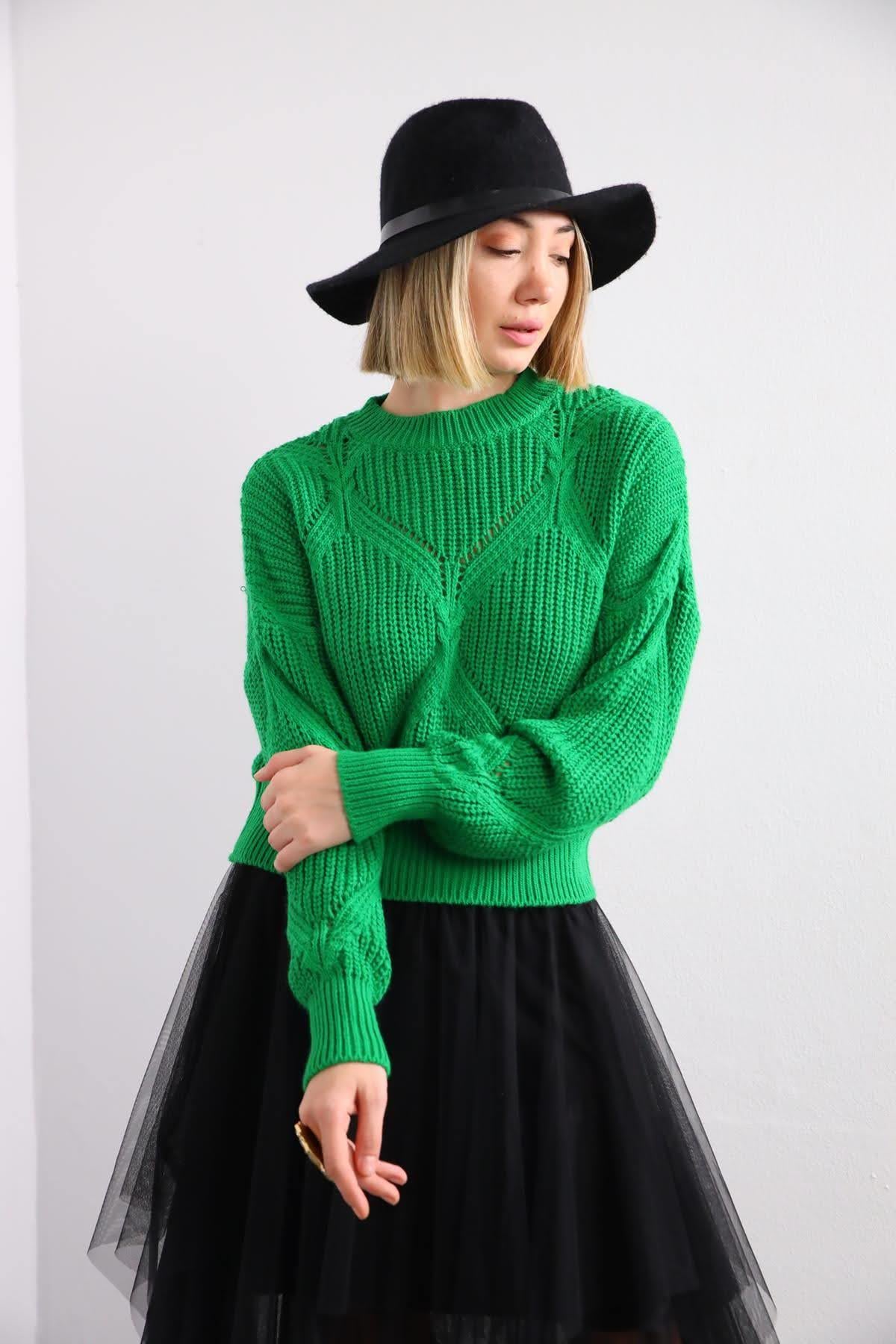 Yeşil Baklava Desen Kısa Triko Kazak - Şaman Butik - Bohem Giyim ve Aksesuar | Kadın & Erkek Yeşil Baklava Desen Kısa Triko Kazak