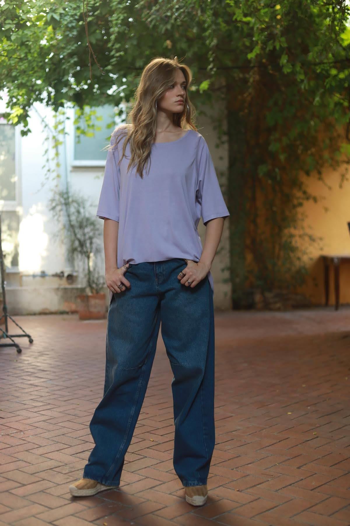 Lila Yanları Uzun Bluz