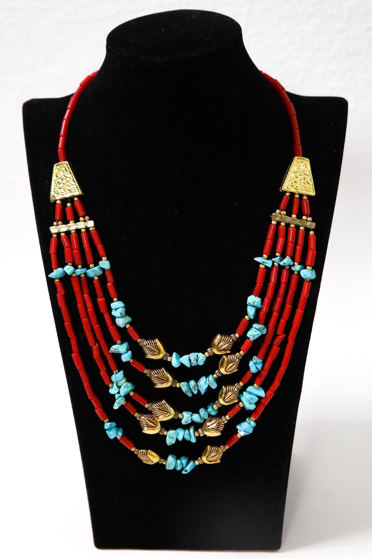 Mercan Ve Turkuaz Taşlı Çoklu Kolye - Şaman Butik Mercan Ve Turkuaz Taşlı Çoklu Kolye